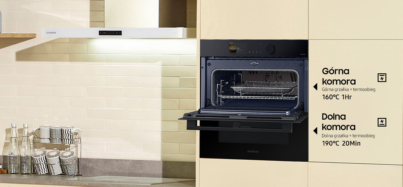 Na zdjęciu przedstawiony jest piekarnik Samsung, który dzięki wykorzystaniu rozwiązania Dual Cook Flex™ może mieć otwartą górną komorę i zamkniętą dolną komorę. Na obrazie widoczny jest otwarty piekarnik w zabudowie kuchennej z czarnym frontem. Obok piekarnika znajduje się tekst: \'Górna komora Górna grzałka + termoobieg 160°C 1Hr, Dolna komora Dolna grzałka + termoobieg 190°C 20Min\'.