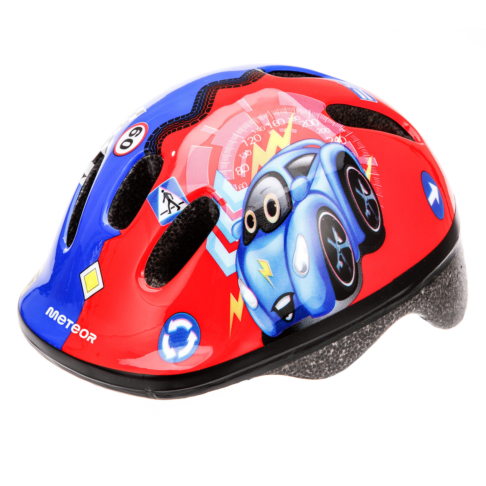 Kask rowerowy dziecięcy w kolorach czerwonym i niebieskim z grafiką niebieskiego samochodu oraz napisami \'METEOR\'.