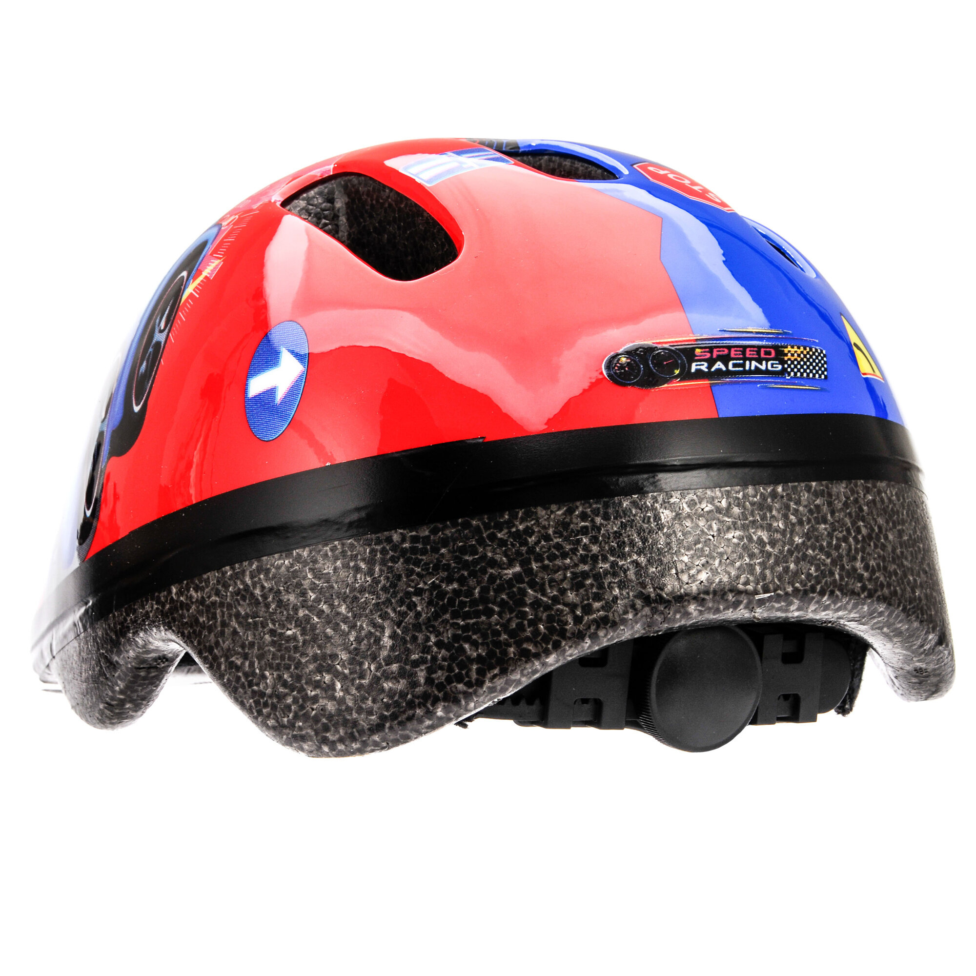 Kask rowerowy dziecięcy w kolorach czerwonym i niebieskim z czarnym regulatorem z tyłu. Na kasku widoczny jest napis \'SPEED RACING\'.