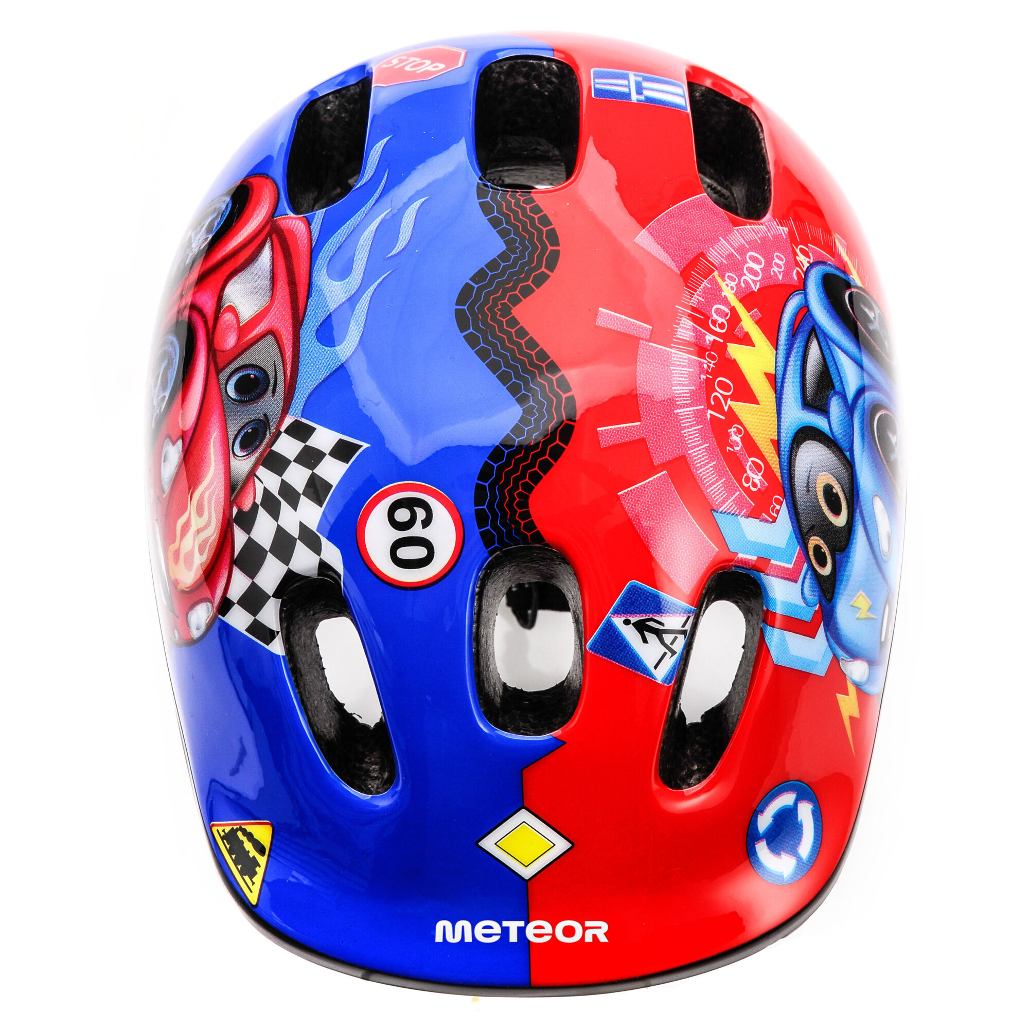 Kask rowerowy dziecięcy z kolorowym wzorem przedstawiającym samochody, znaki drogowe i licznik prędkości. Na kasku widoczne jest logo \'METEOR\'.
