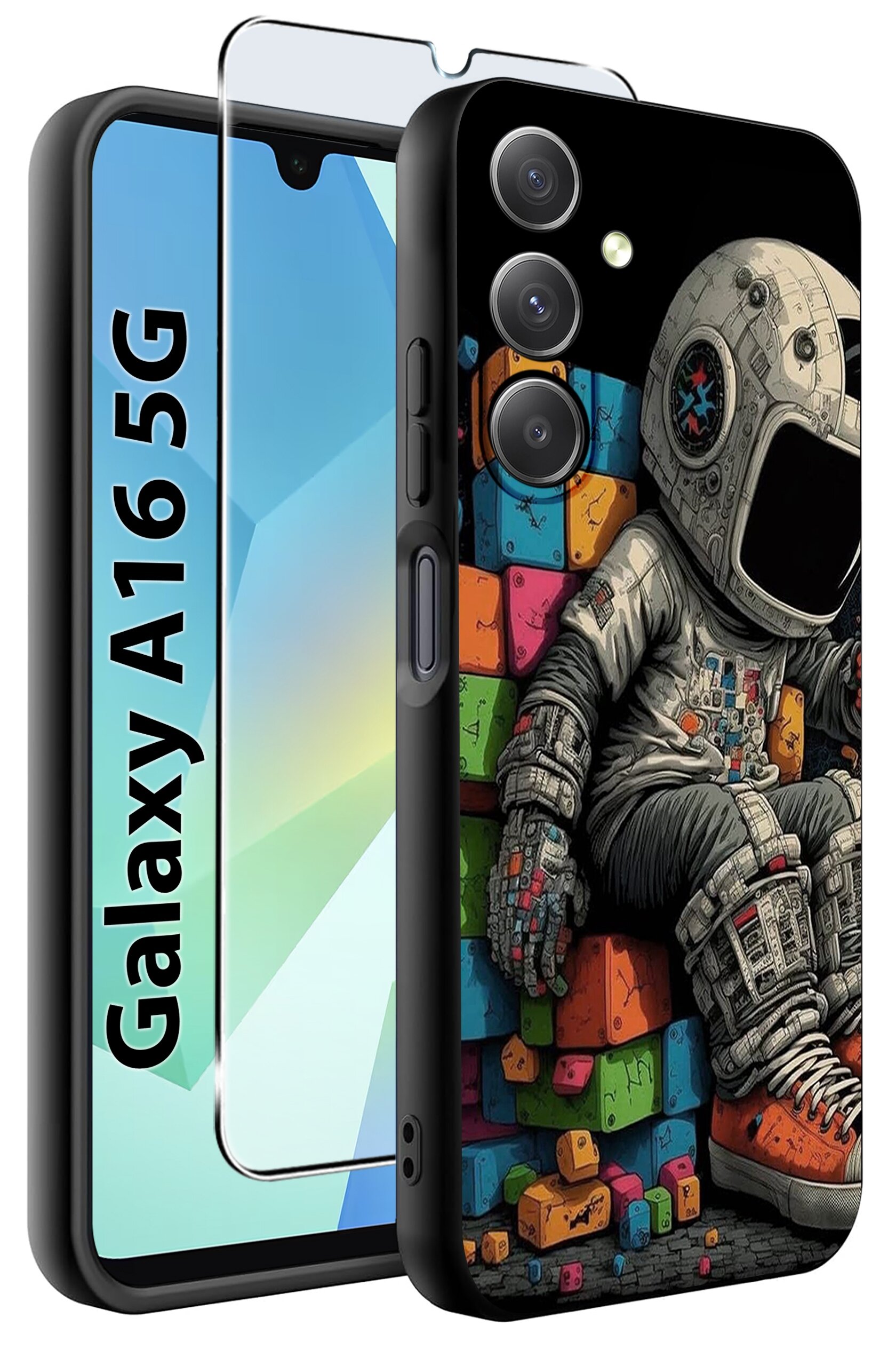 Etui na telefon z kolorowym wzorem przedstawiającym astronautę siedzącego na klockach. Obok widoczny jest napis \'Galaxy A16 5G\' oraz szkło ochronne na ekran.