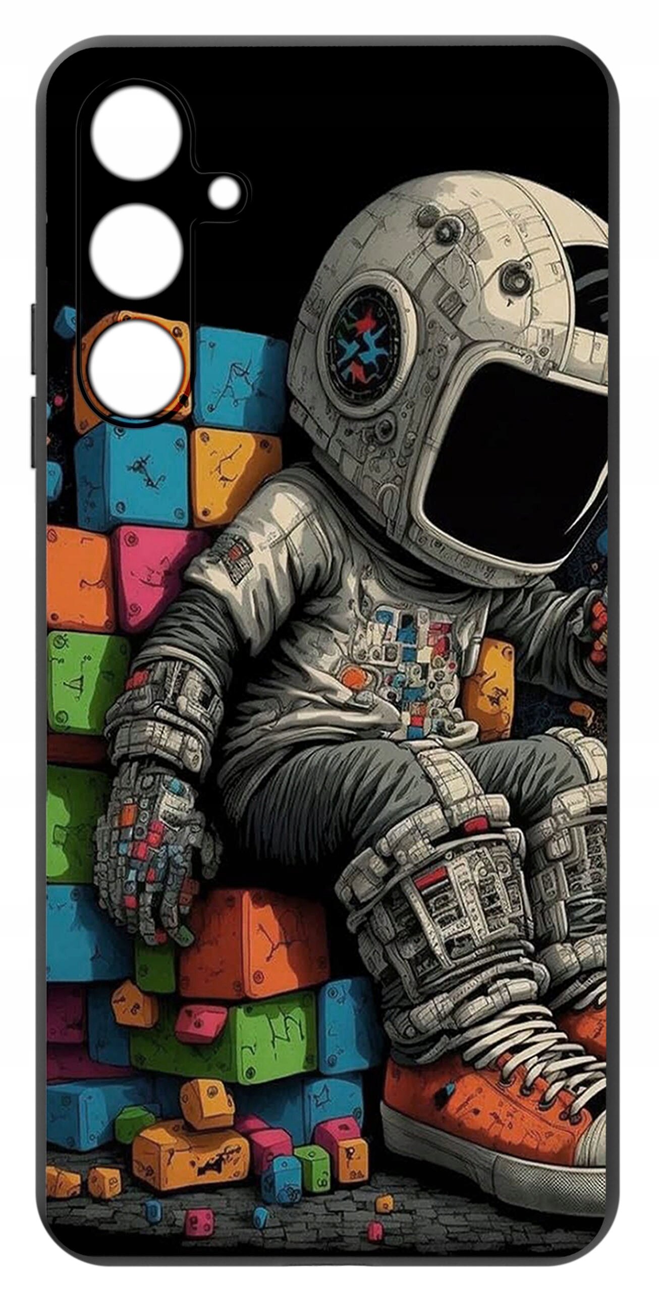Etui na telefon z kolorowym nadrukiem przedstawiającym astronautę siedzącego na stosie kolorowych klocków. Astronauta ma na sobie szczegółowy skafander i pomarańczowe buty.
