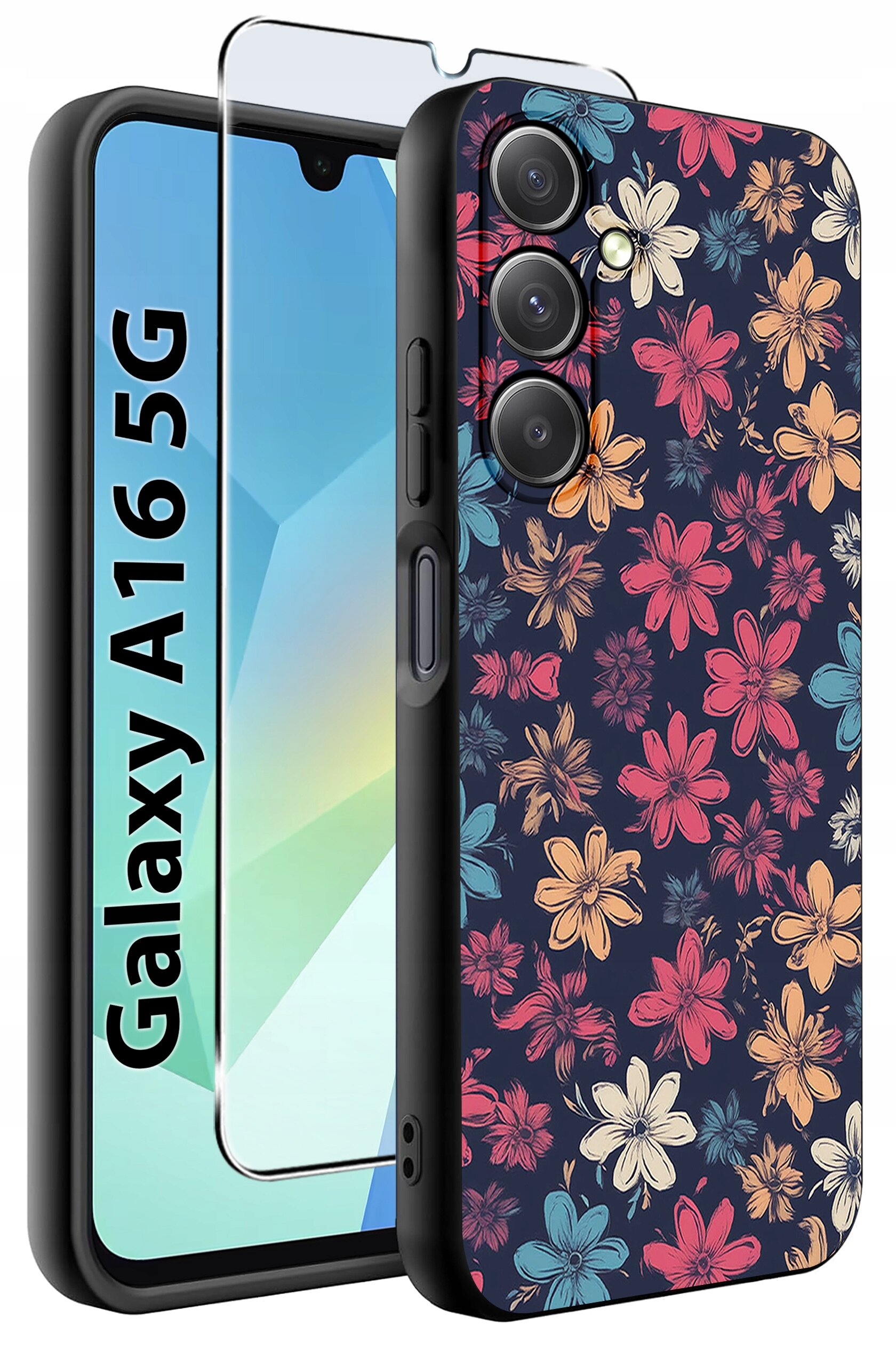 Obraz przedstawia etui na telefon z kolorowym wzorem kwiatów oraz szkło ochronne. Na ekranie telefonu widoczny jest napis \'Galaxy A16 5G\'.