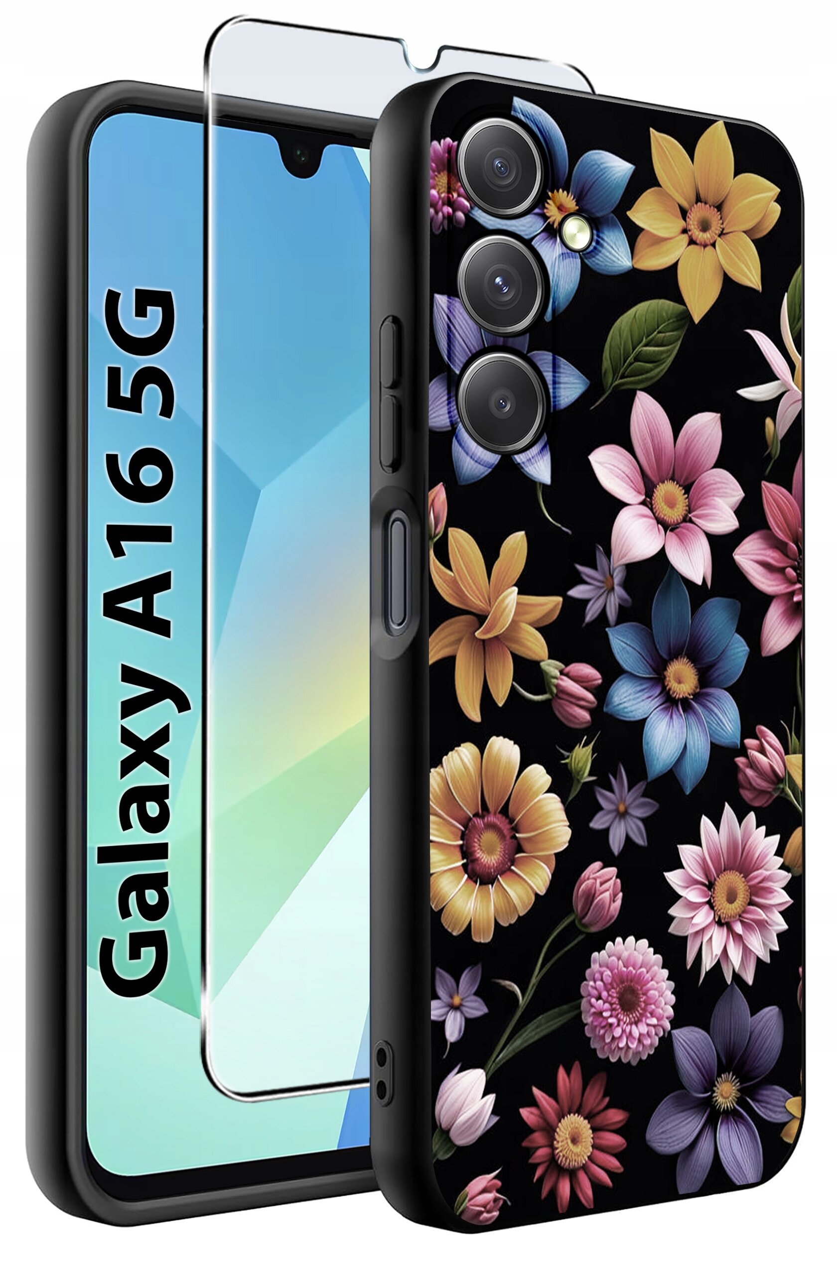 Etui na telefon z kolorowym wzorem kwiatów na czarnym tle, obok którego znajduje się szkło ochronne. Na ekranie telefonu widoczny jest napis \'Galaxy A16 5G\'.