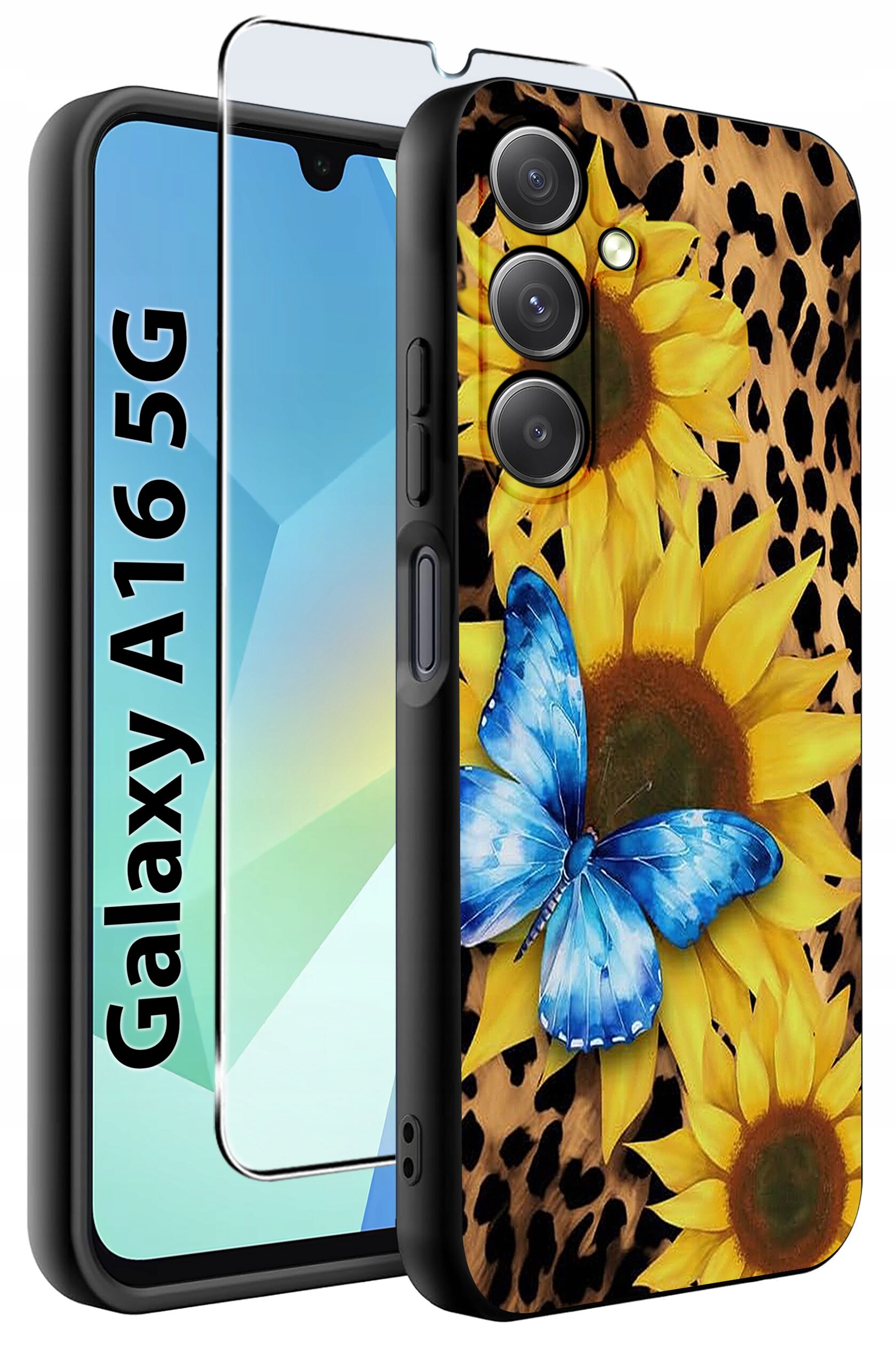 Etui na telefon z motywem słoneczników i niebieskiego motyla na tle w cętki, obok widoczna szybka ochronna. Tekst na ekranie telefonu: \'Galaxy A16 5G\'.