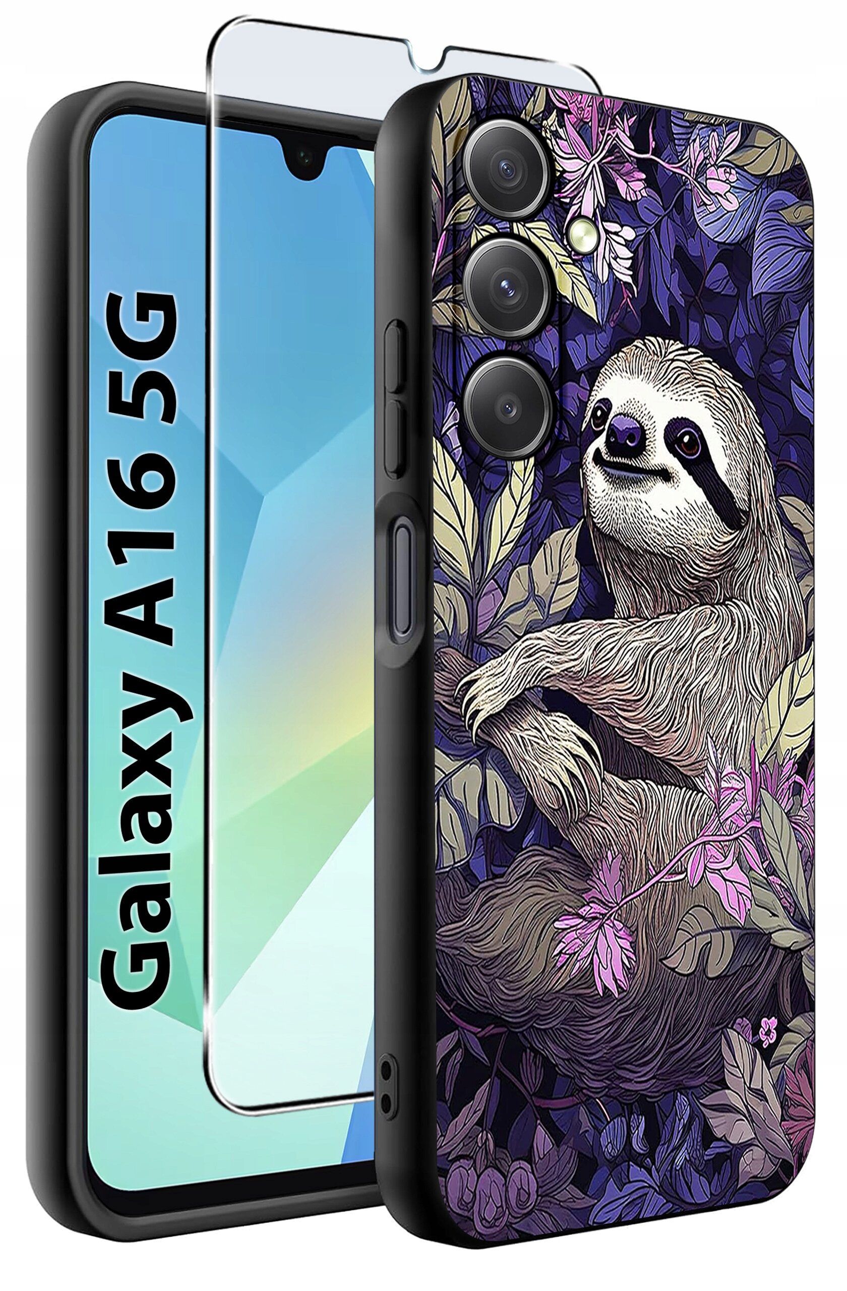 Etui na telefon z motywem leniwca otoczonego liśćmi i kwiatami w odcieniach fioletu i zieleni. Obok etui znajduje się szkło ochronne oraz napis \'Galaxy A16 5G\'.