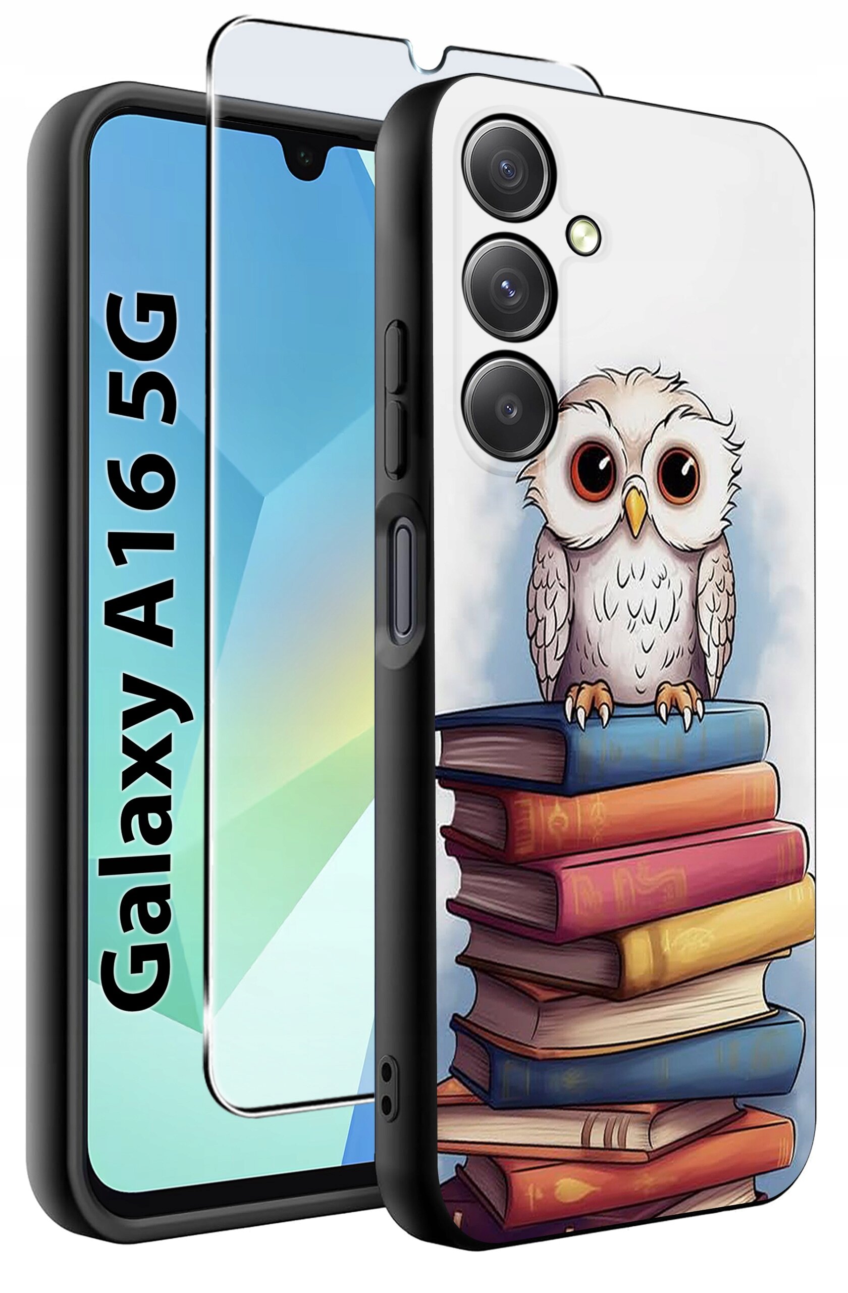 Etui na telefon z nadrukiem sowy siedzącej na stosie książek, obok widoczna jest szybka ochronna. Na ekranie telefonu napis \'Galaxy A16 5G\'.