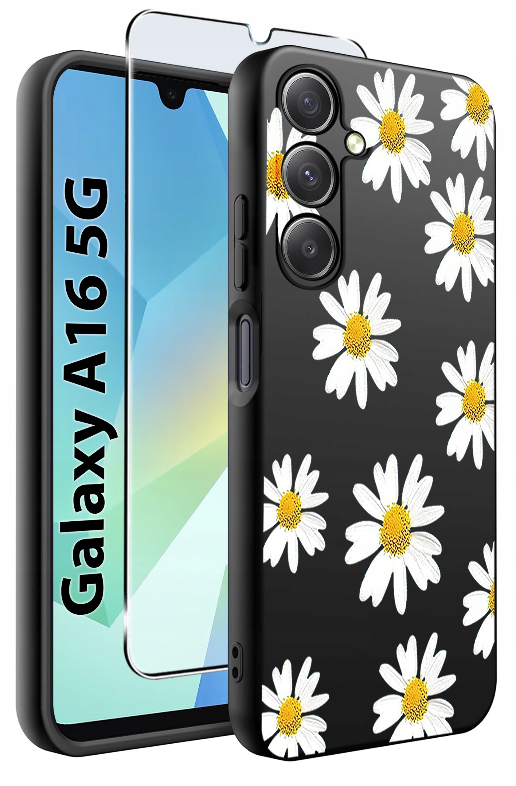 Czarne etui na telefon z wzorem białych stokrotek, obok którego znajduje się szkło ochronne. Na ekranie telefonu widoczny jest napis \'Galaxy A16 5G\'.