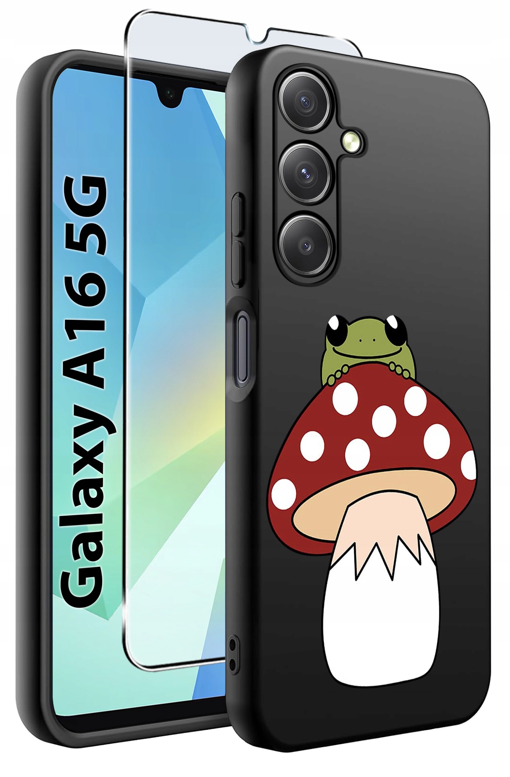 Etui na telefon z grafiką przedstawiającą żabę siedzącą na czerwonym muchomorze z białymi kropkami. Obok widoczny jest napis \'Galaxy A16 5G\' oraz szkło ochronne na ekran.