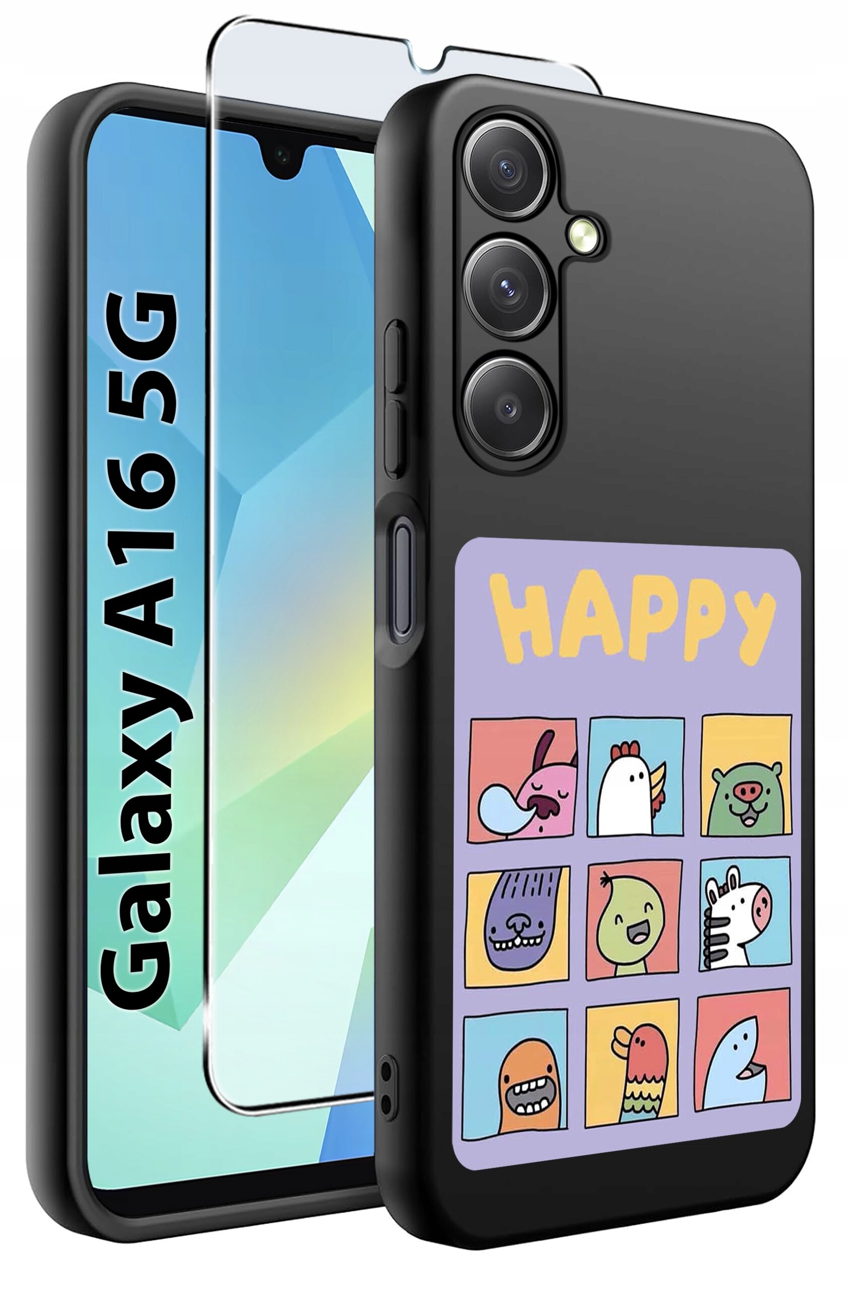 Obraz przedstawia czarne etui na telefon z kolorowym wzorem przedstawiającym dziewięć rysunkowych postaci i napisem \'HAPPY\'. Obok etui znajduje się szkło ochronne, a na ekranie telefonu widoczny jest napis \'Galaxy A16 5G\'.