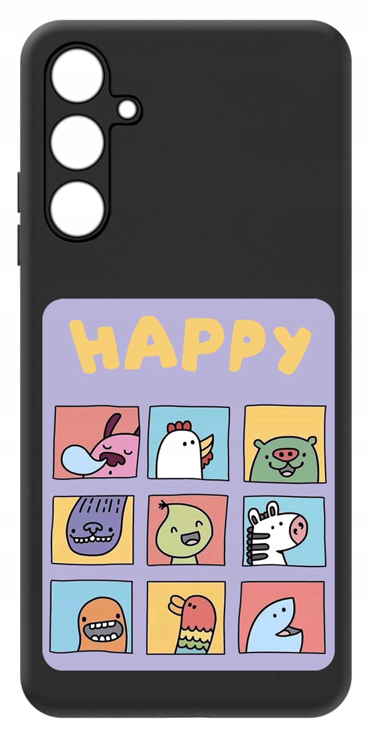 Czarne etui na telefon z kolorowym nadrukiem przedstawiającym dziewięć rysunkowych zwierząt w kwadratach oraz napis \'HAPPY\' na fioletowym tle.