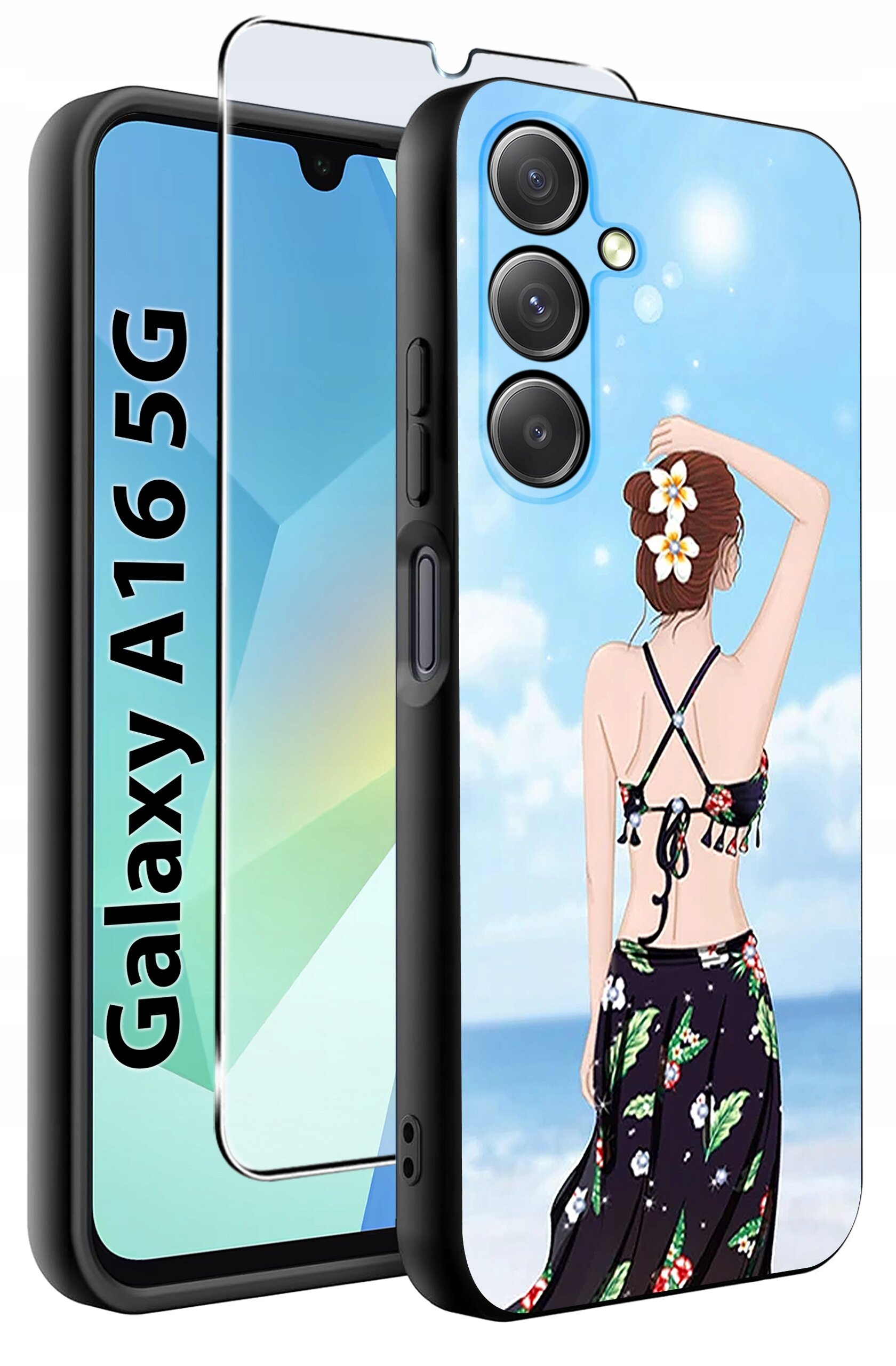 Etui na telefon z grafiką przedstawiającą kobietę na plaży, ubraną w letnią sukienkę z kwiatowym wzorem. Obok etui widoczny jest napis \'Galaxy A16 5G\' oraz szkło ochronne na ekran.