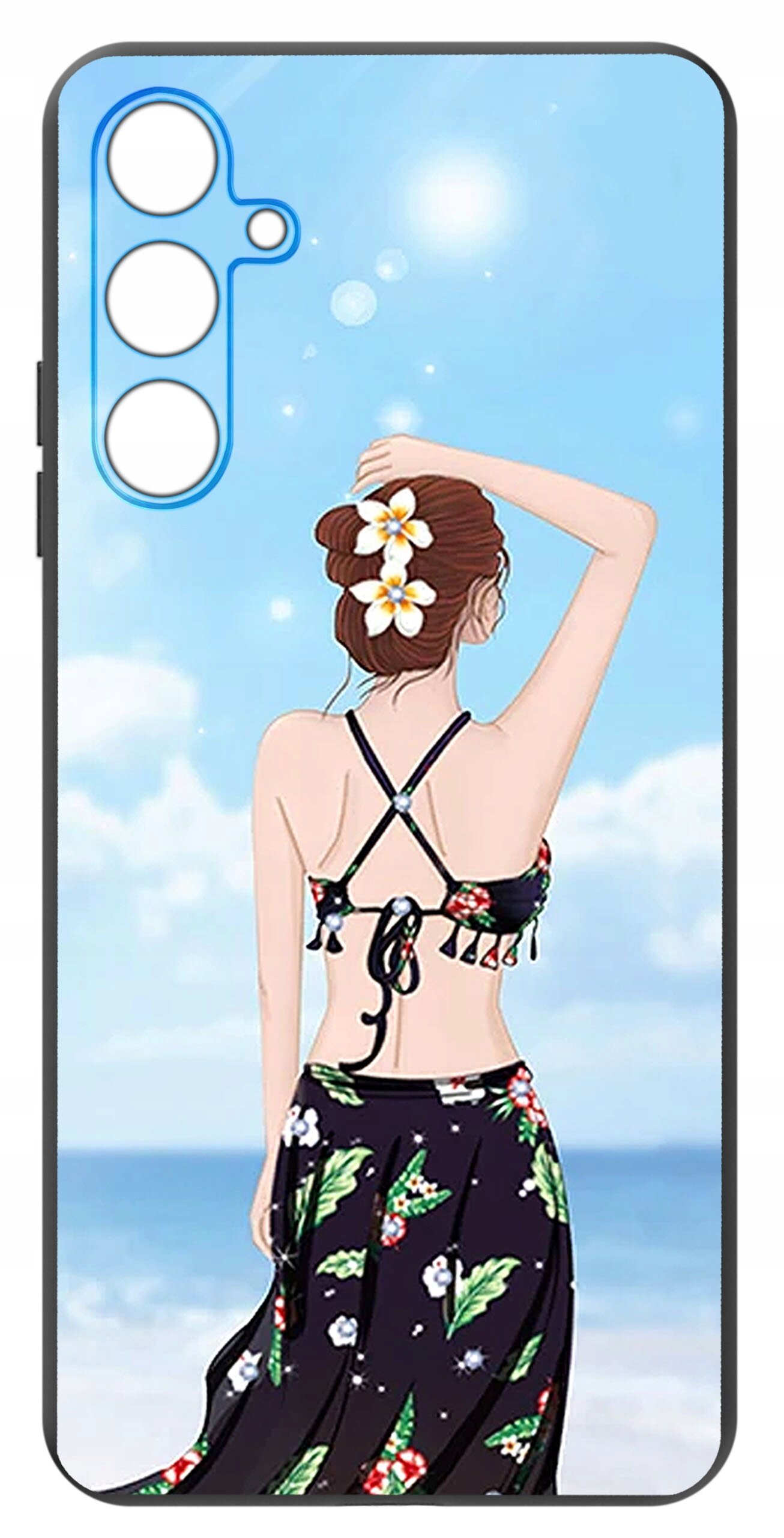 Etui na telefon z grafiką przedstawiającą kobietę w stroju plażowym na tle nieba i morza. W górnej części etui znajdują się wycięcia na aparat.
