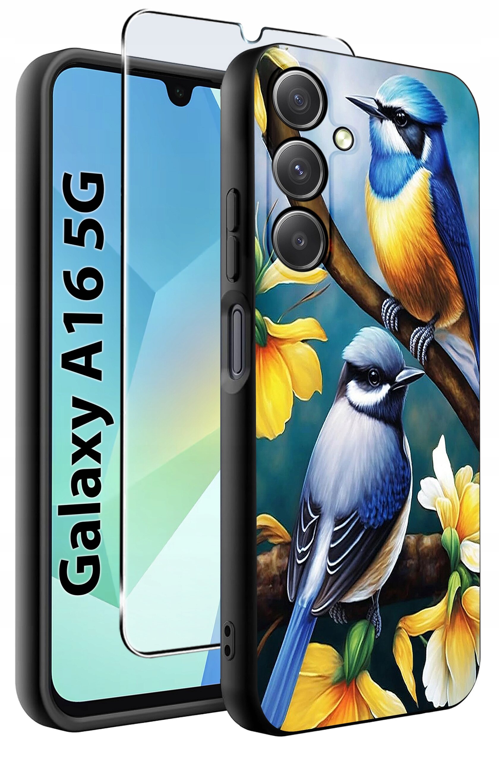 Etui na telefon z kolorowym wzorem ptaków siedzących na gałęzi z żółtymi kwiatami. Obok widoczna jest szybka ochronna oraz napis \'Galaxy A16 5G\'.