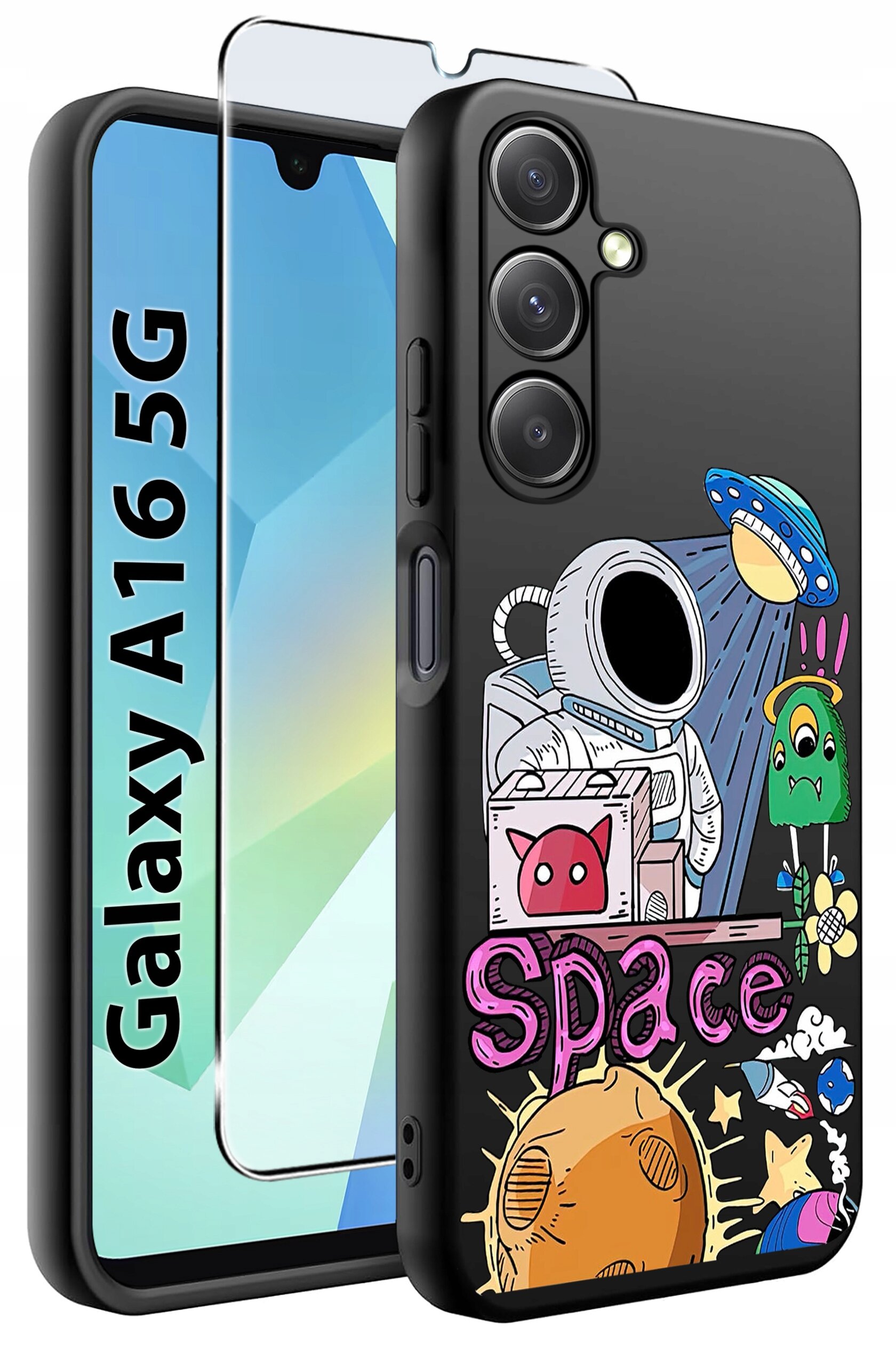 Etui do telefonu z kolorowym wzorem przedstawiającym astronautę, UFO i napisem \'Space\'. Obok znajduje się szkło ochronne oraz napis \'Galaxy A16 5G\'.