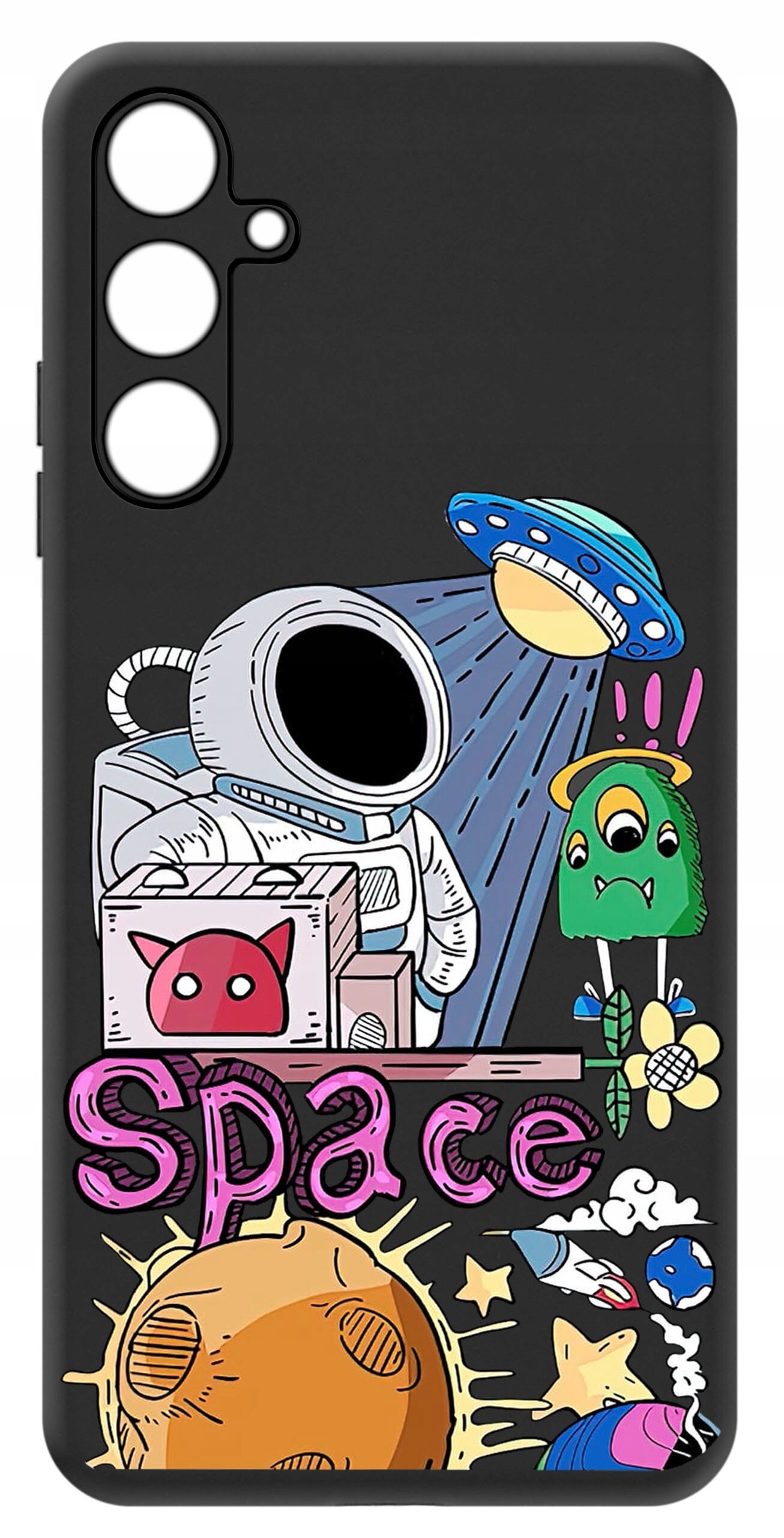 Czarne etui z kolorowym nadrukiem przedstawiającym astronautę, latający spodek, zielonego stworka i napis \'Space\'.