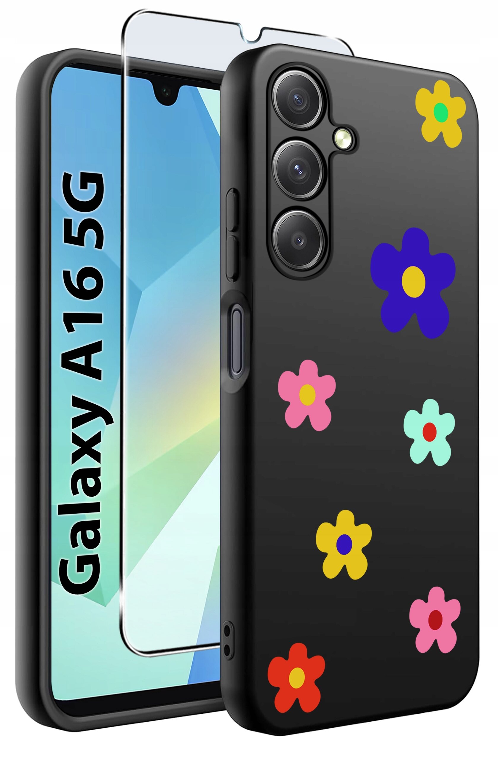 Czarne etui na telefon z kolorowymi kwiatowymi wzorami oraz szkło ochronne. Obok widoczny jest napis \'Galaxy A16 5G\'.