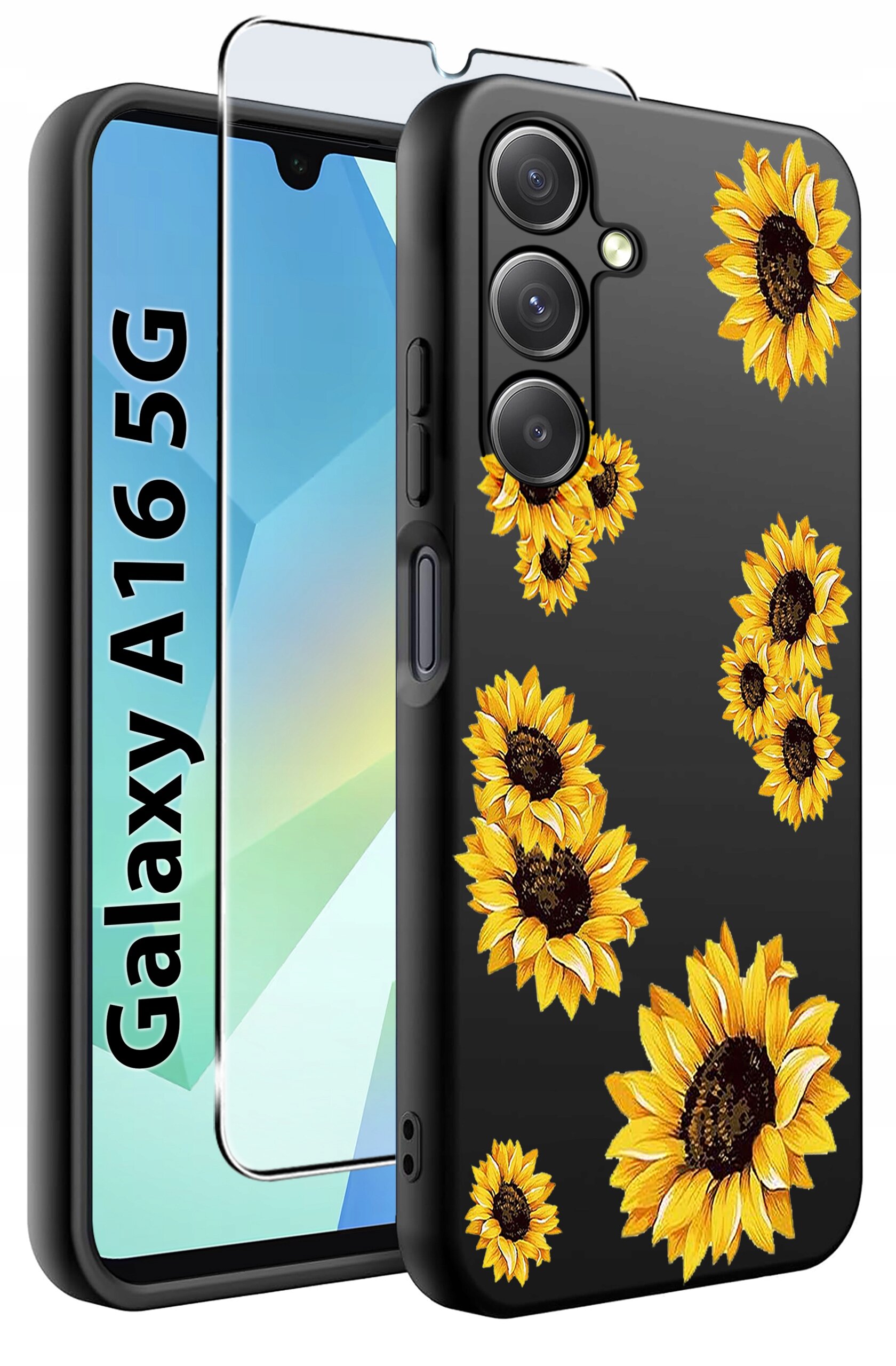 Czarne etui na telefon z wzorem żółtych słoneczników oraz szkło ochronne. Obok widoczny napis \'Galaxy A16 5G\'.