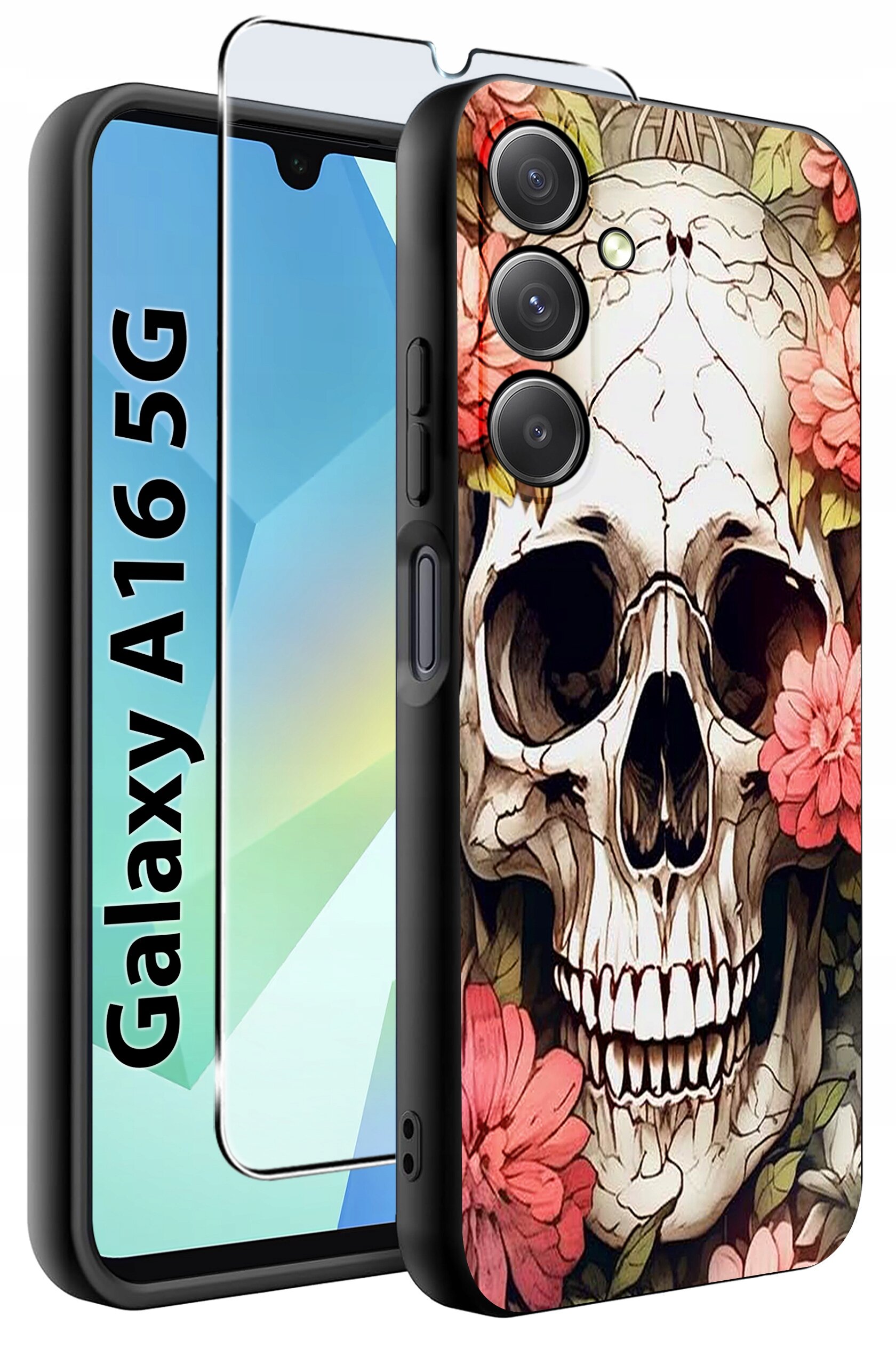 Etui na telefon z motywem czaszki otoczonej kwiatami, obok widoczna szybka ochronna. Na etui napis \'Galaxy A16 5G\'.