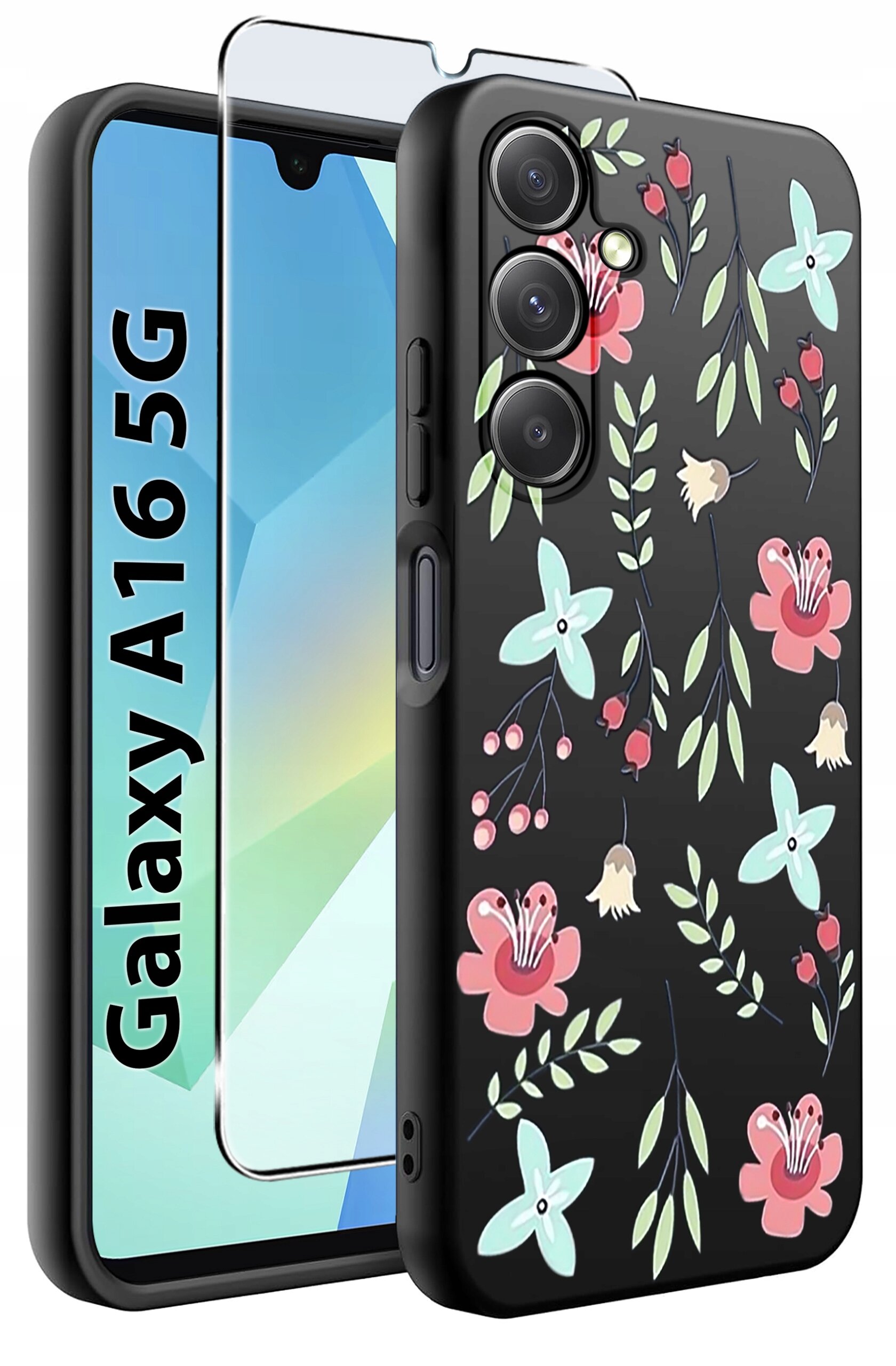 Obraz przedstawia etui na telefon z kwiatowym wzorem w pastelowych kolorach oraz szkło ochronne. Obok widoczny jest napis \'Galaxy A16 5G\'.