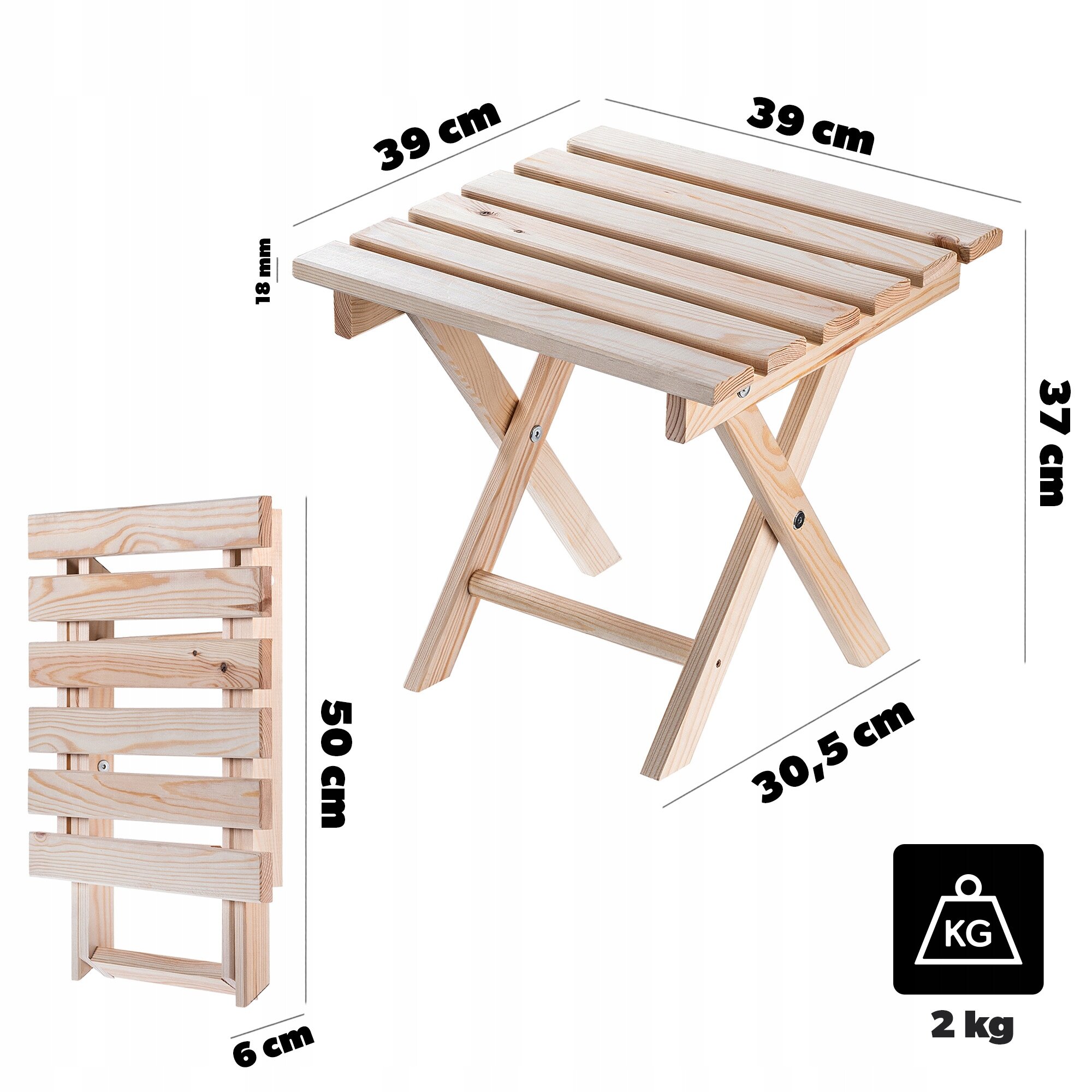 Obraz przedstawia drewniany stolik kawowy o wymiarach 39 cm x 39 cm x 37 cm, złożony z listew i składany. Obok znajduje się złożona wersja stolika o wymiarach 50 cm x 6 cm, a waga stolika to 2 kg.