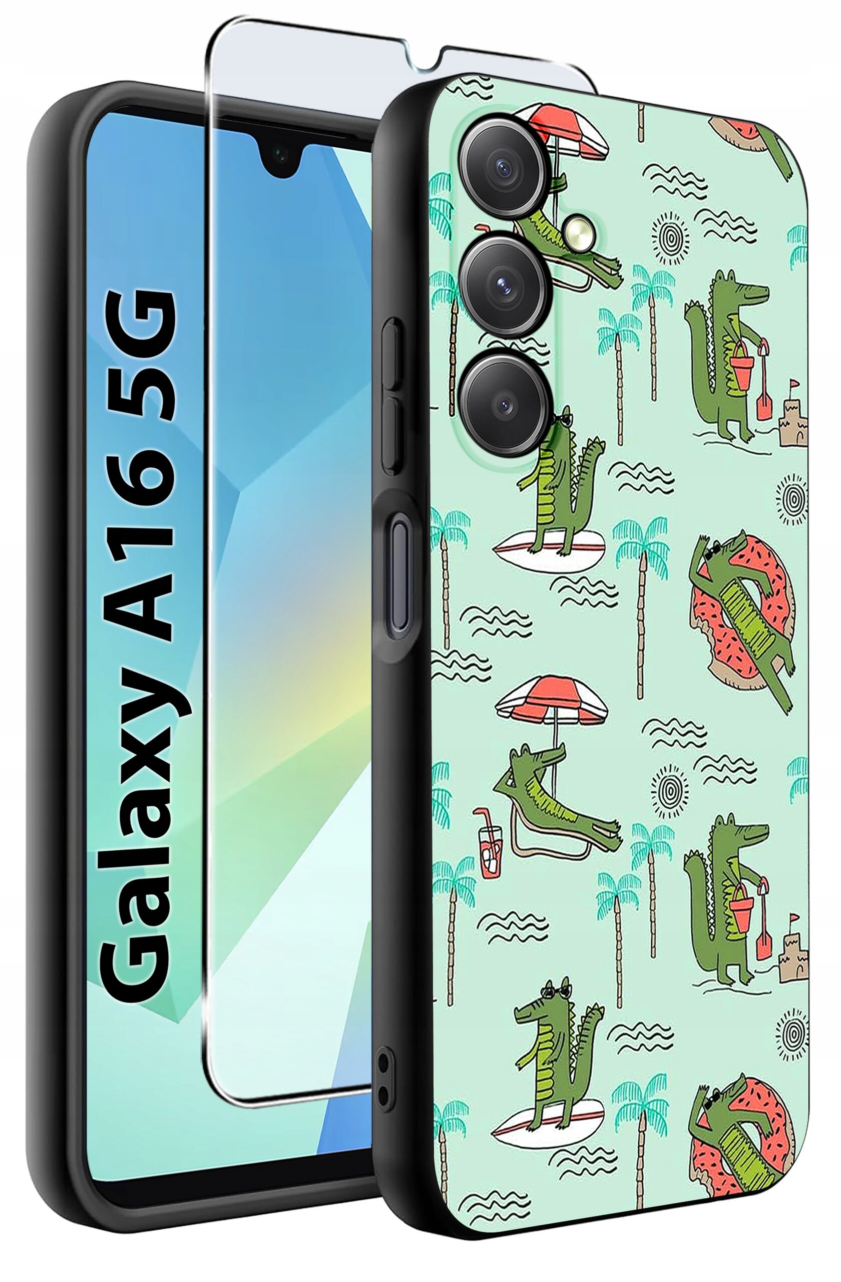 Etui na telefon z motywem krokodyli na plaży, w otoczeniu palm i parasoli, obok szkło ochronne. Widoczny napis: \'Galaxy A16 5G\'.