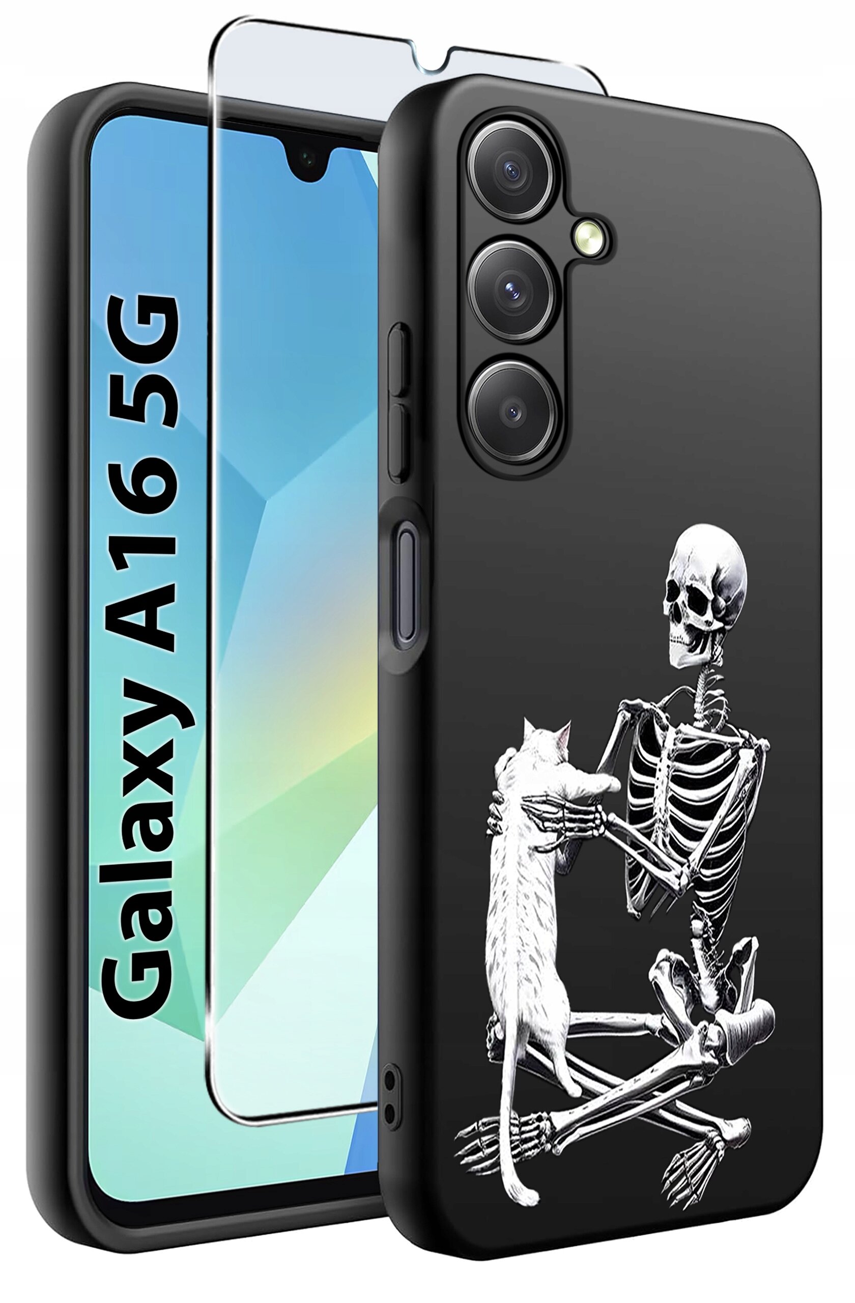 Czarne etui na telefon z nadrukiem szkieletu trzymającego kota. Obok etui znajduje się szkło ochronne oraz napis \'Galaxy A16 5G\'.