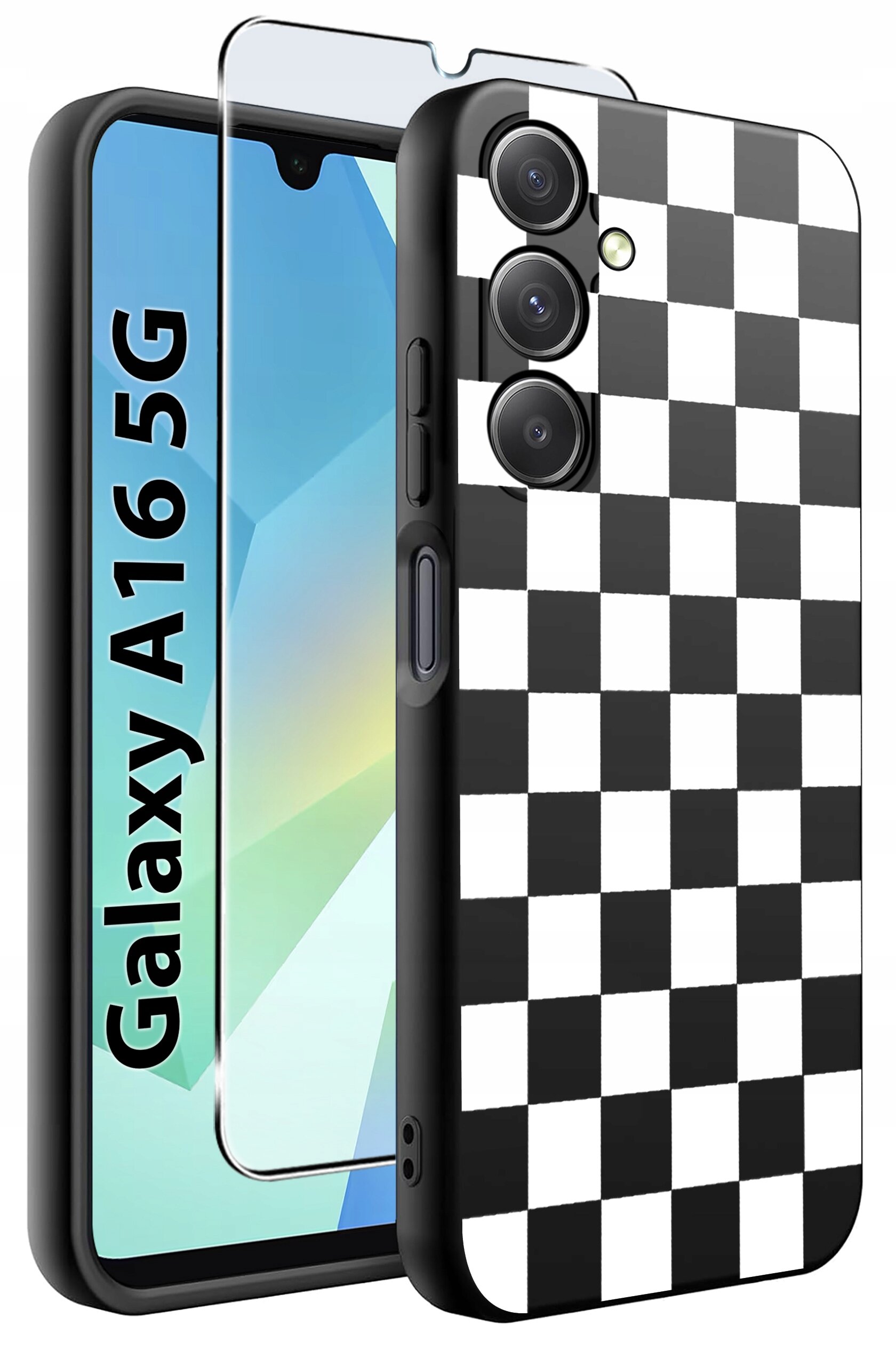 Obraz przedstawia etui na telefon z czarno-białym wzorem szachownicy oraz szkło ochronne. Na ekranie telefonu widoczny jest napis \'Galaxy A16 5G\'.