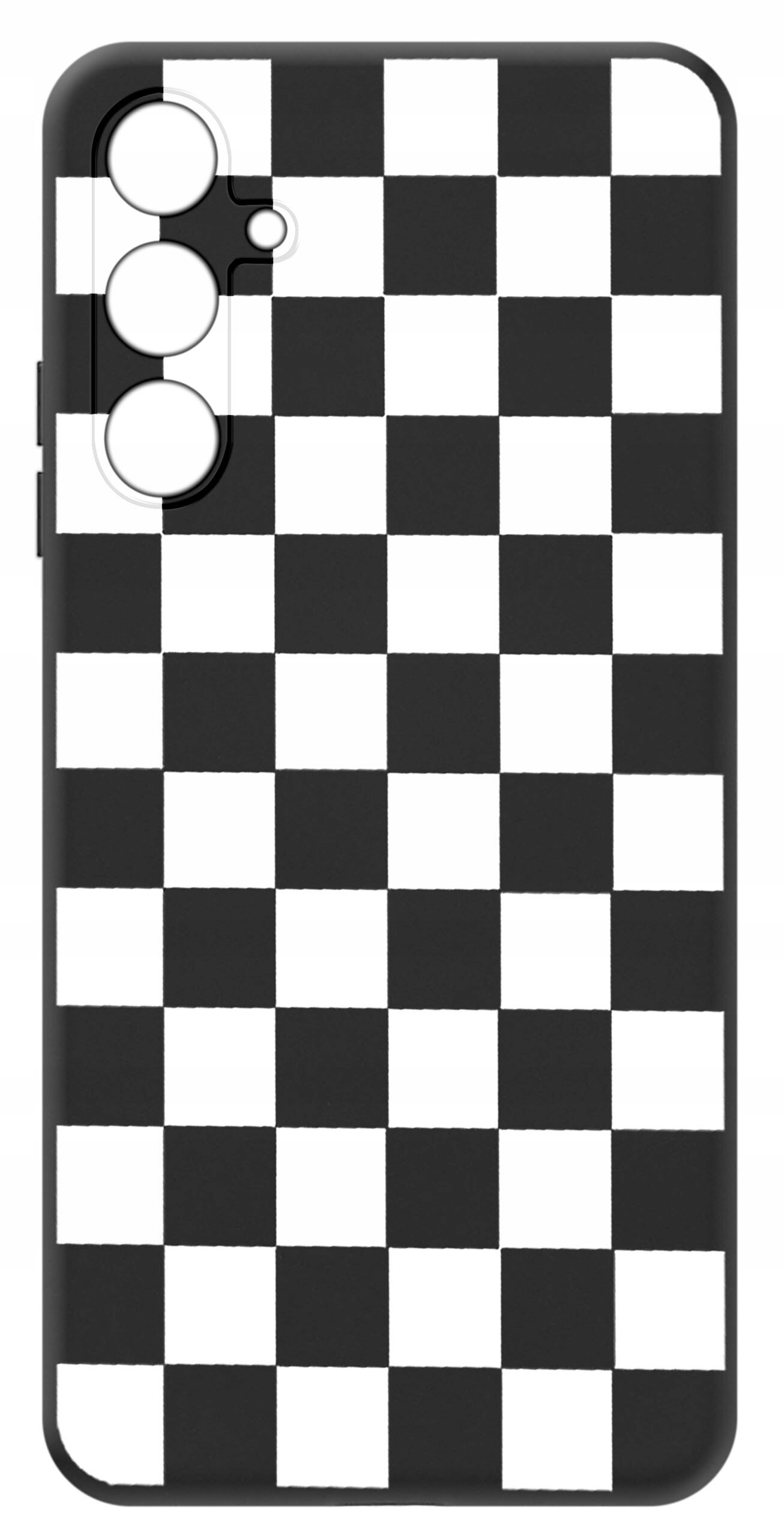 Etui na telefon z wzorem szachownicy w kolorach czarnym i białym, z trzema otworami na aparaty fotograficzne.