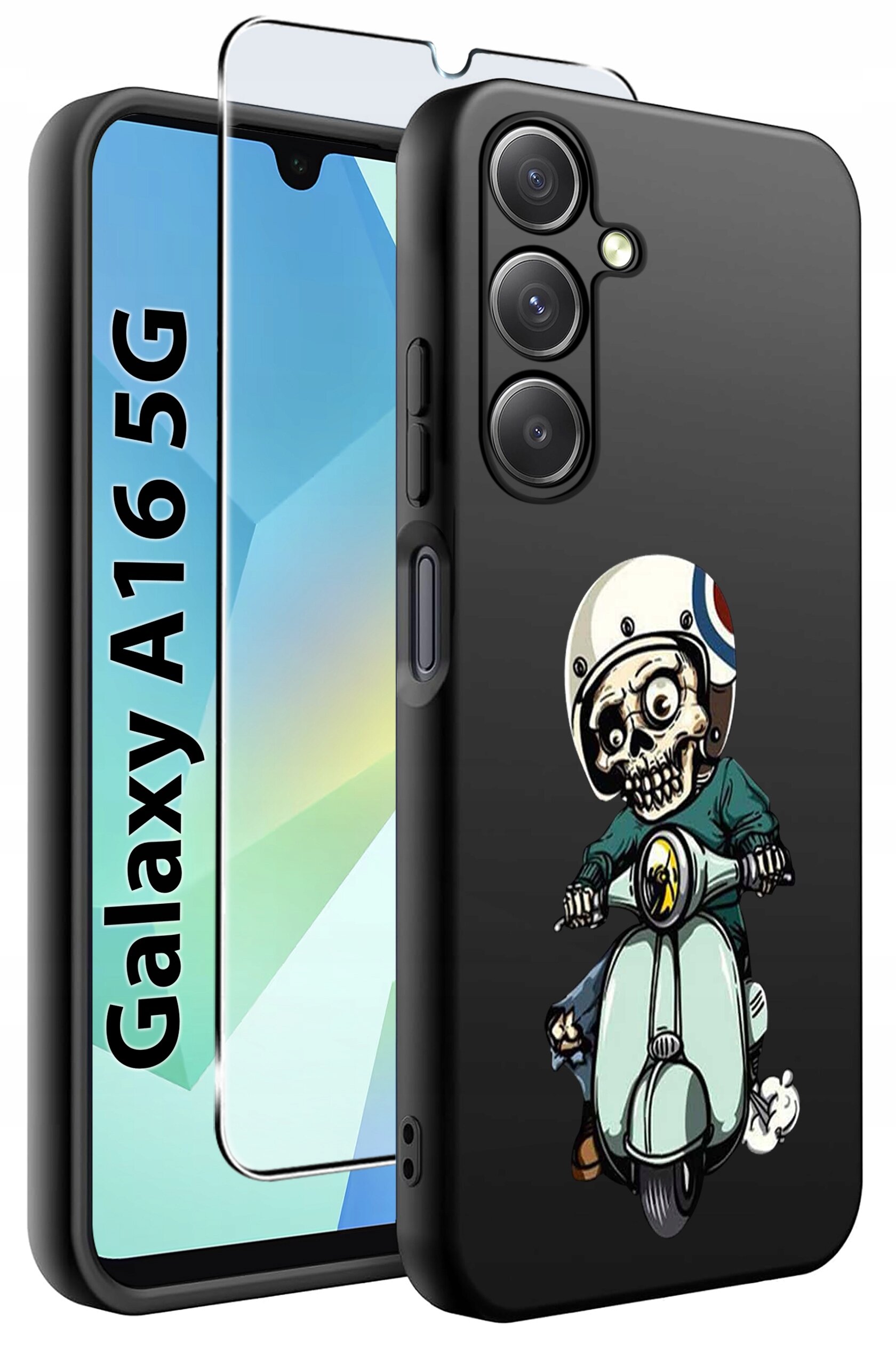 Czarne etui na telefon z nadrukiem postaci na skuterze w kasku, obok widoczna szybka ochronna. Na ekranie telefonu napis \'Galaxy A16 5G\'.
