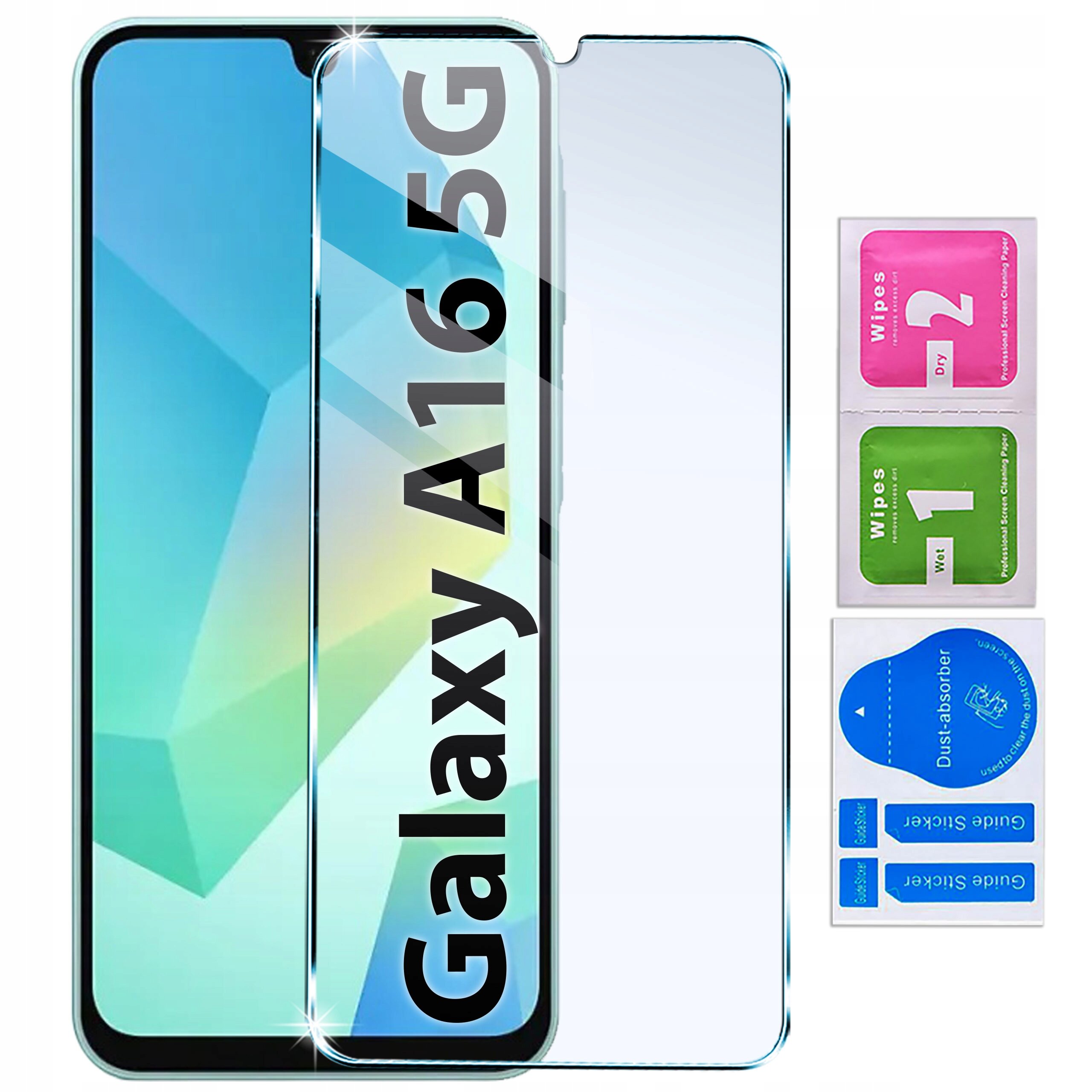 Obraz przedstawia etui i szkło ochronne do telefonu Galaxy A16 5G. Obok znajdują się trzy saszetki z napisami: \'Wipes 2 Dry\', \'Wipes 1 Wet\' oraz \'Dust absorber\'.