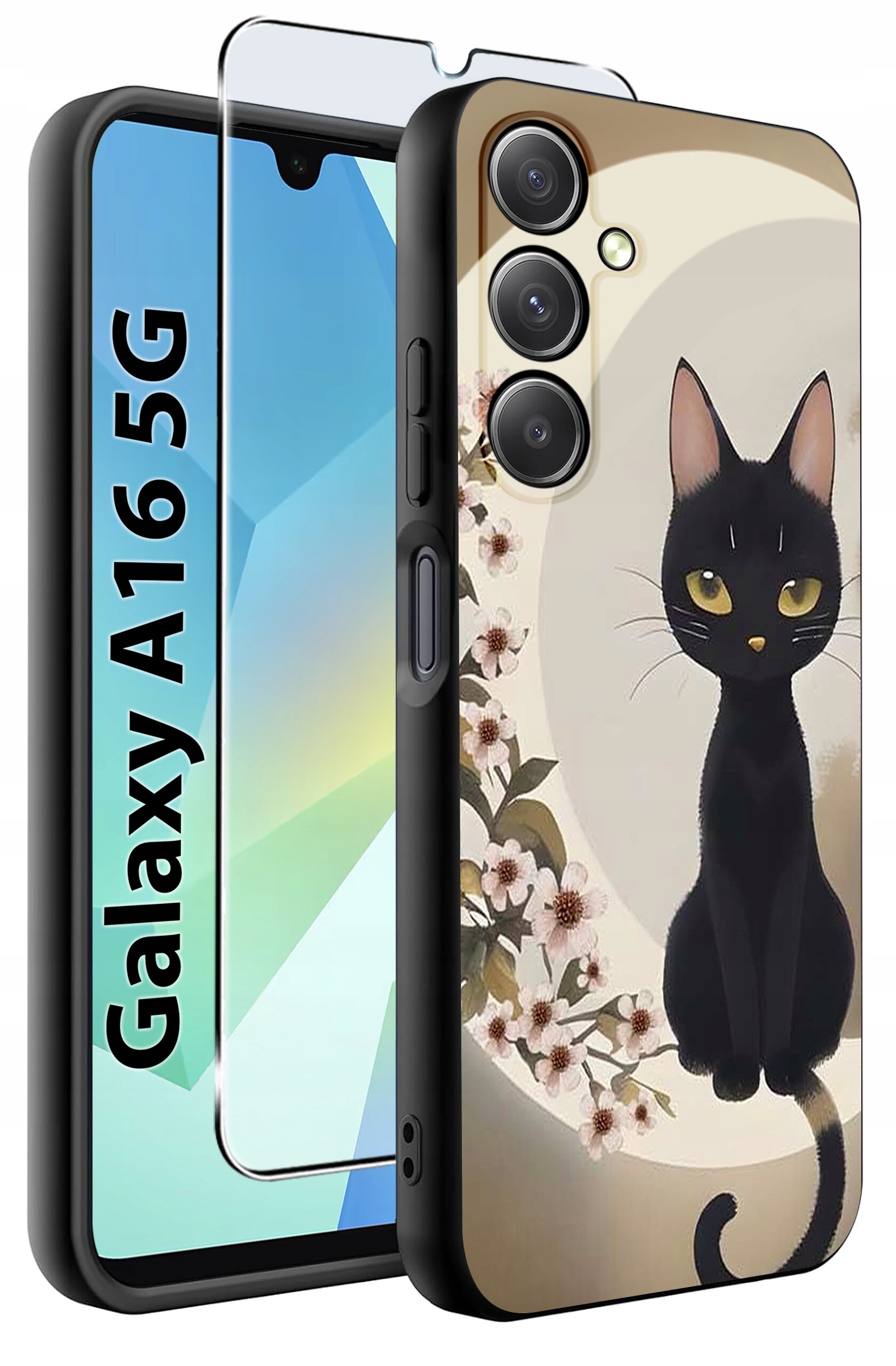 Etui na telefon z nadrukiem czarnego kota siedzącego obok kwiatów, obok widoczna jest szybka ochronna. Na ekranie telefonu napis \'Galaxy A16 5G\'.