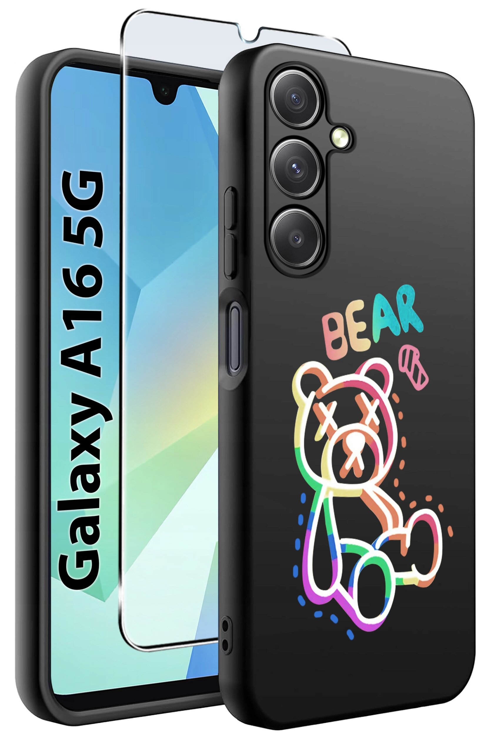 Czarne etui na telefon z kolorowym rysunkiem misia i napisem \'BEAR\'. Obok etui znajduje się szkło ochronne, a na ekranie telefonu widoczny jest napis \'Galaxy A16 5G\'.