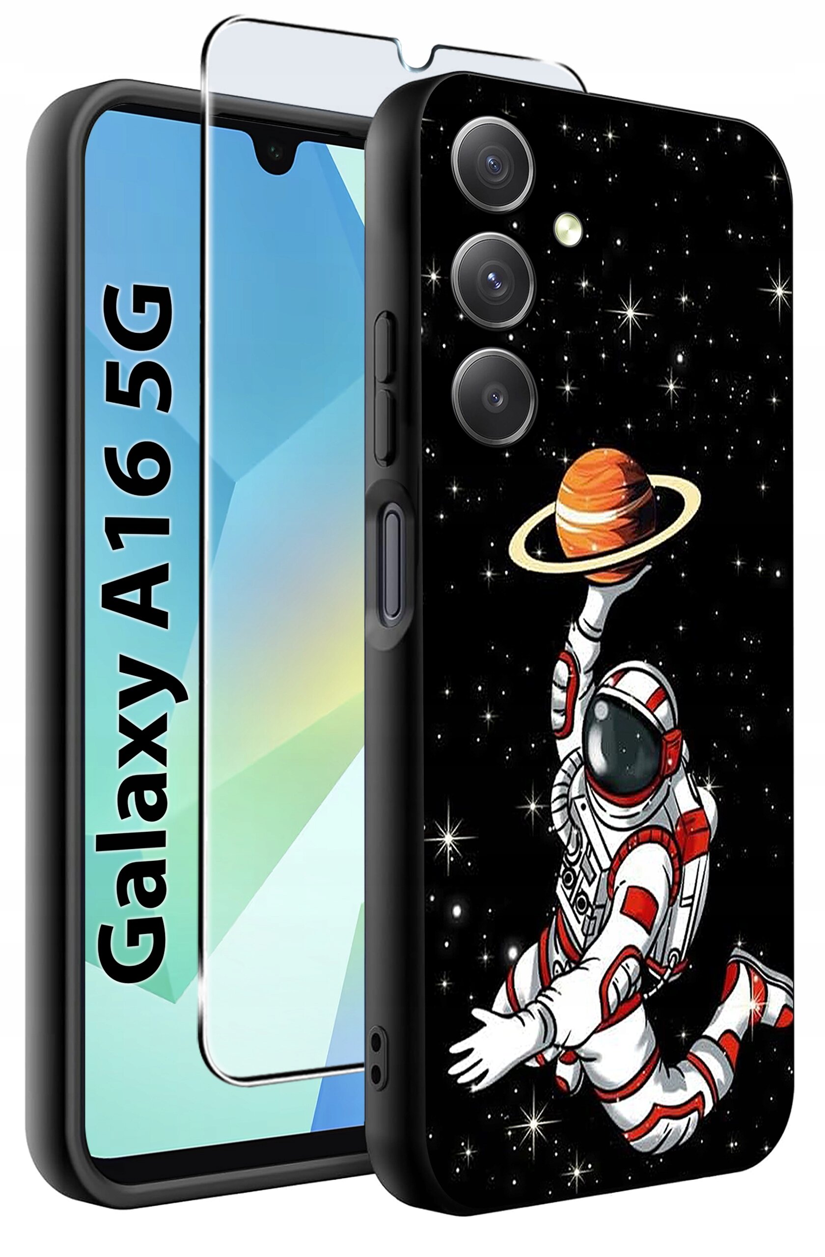 Obraz przedstawia etui na telefon z motywem astronauty trzymającego planetę z pierścieniami na tle gwiazd. Obok widoczny jest napis \'Galaxy A16 5G\' oraz szkło ochronne na ekran.