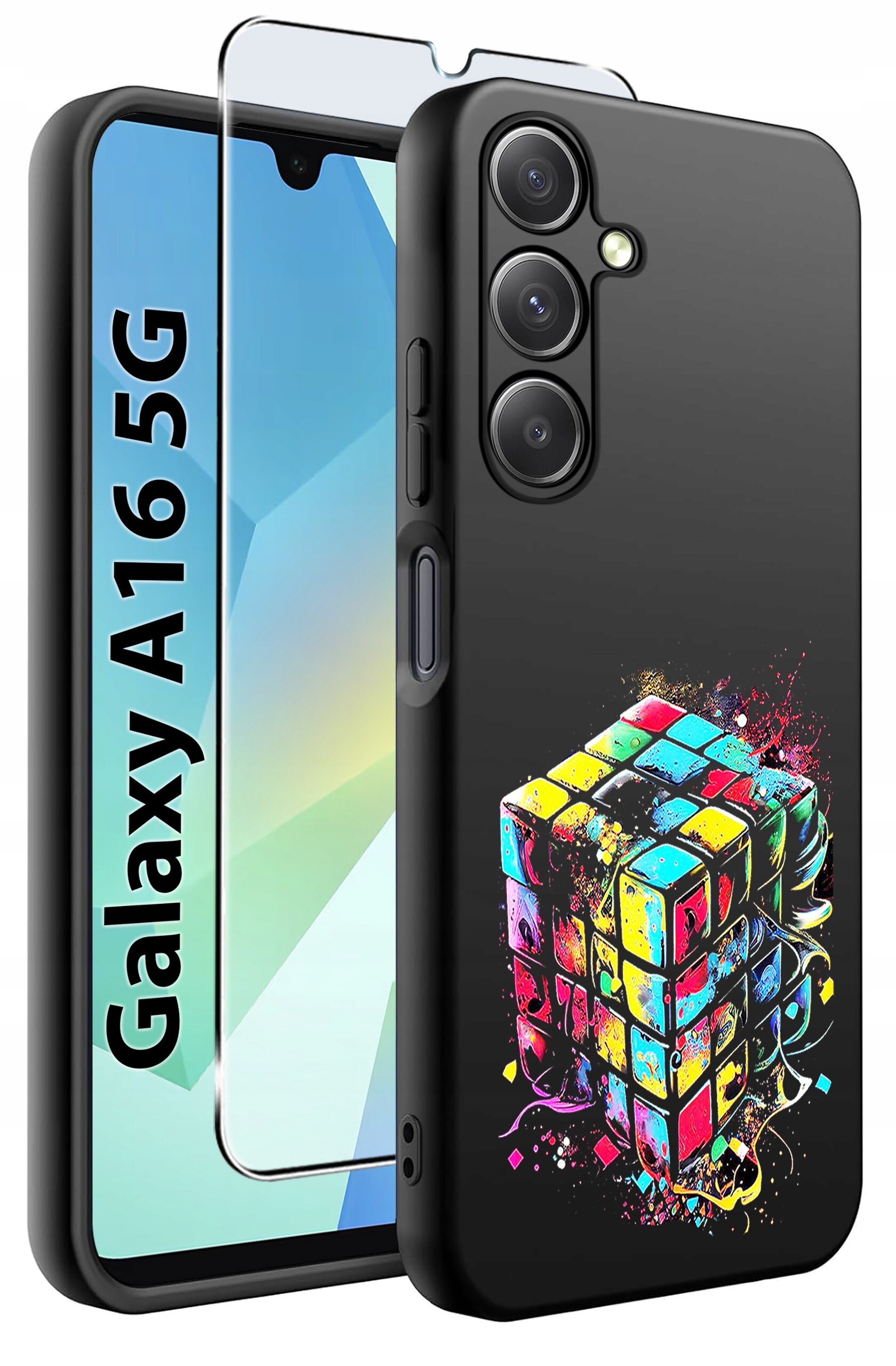 Obraz przedstawia czarne etui na telefon z kolorowym wzorem przypominającym kostkę Rubika oraz szkło ochronne. Obok widoczny jest napis \'Galaxy A16 5G\'.