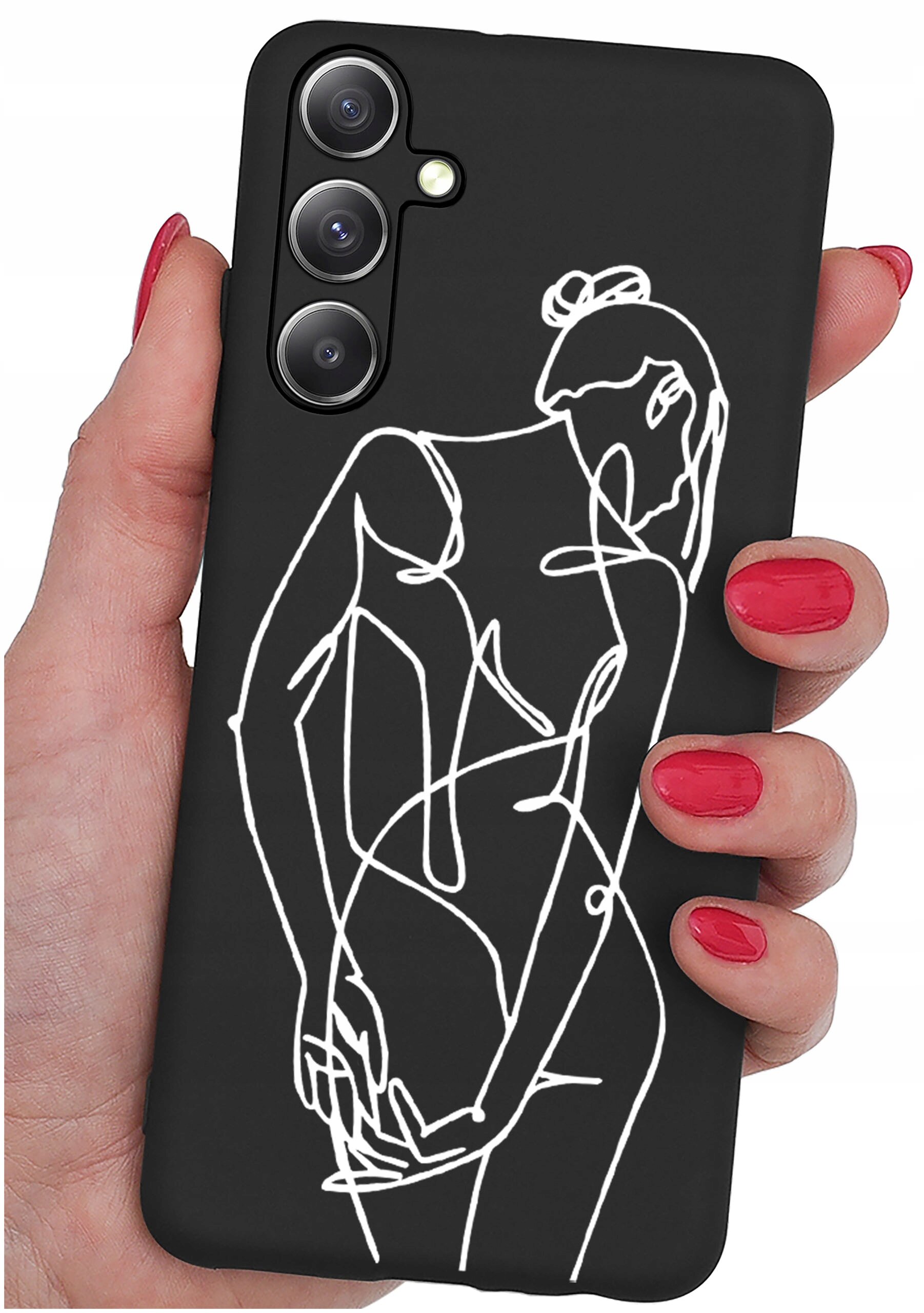 Czarne etui na telefon z białym, abstrakcyjnym rysunkiem postaci. Etui trzymane jest w dłoni z pomalowanymi na czerwono paznokciami.