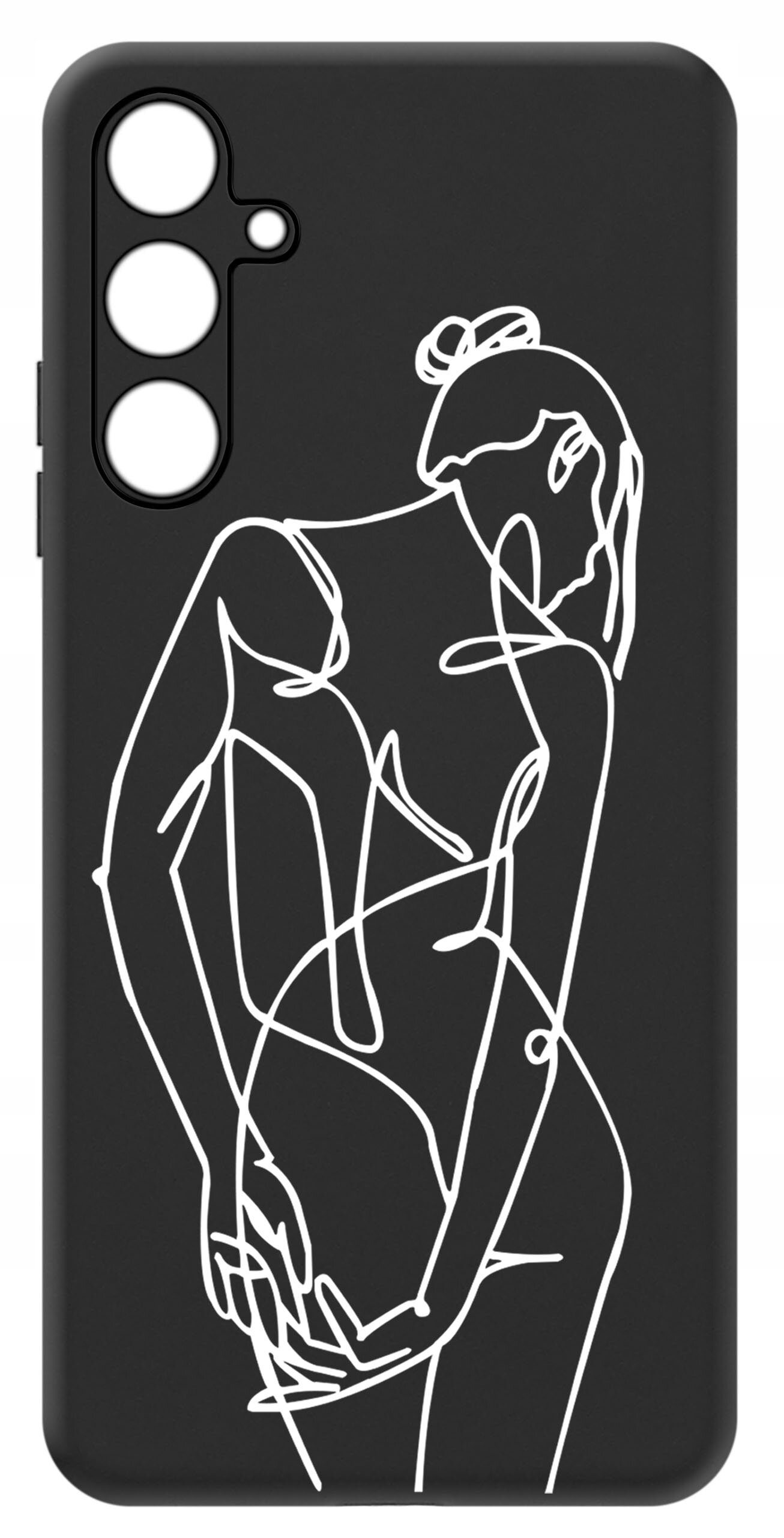 Czarne etui na telefon z białym, abstrakcyjnym rysunkiem sylwetki kobiety. Etui posiada trzy otwory na aparat fotograficzny.