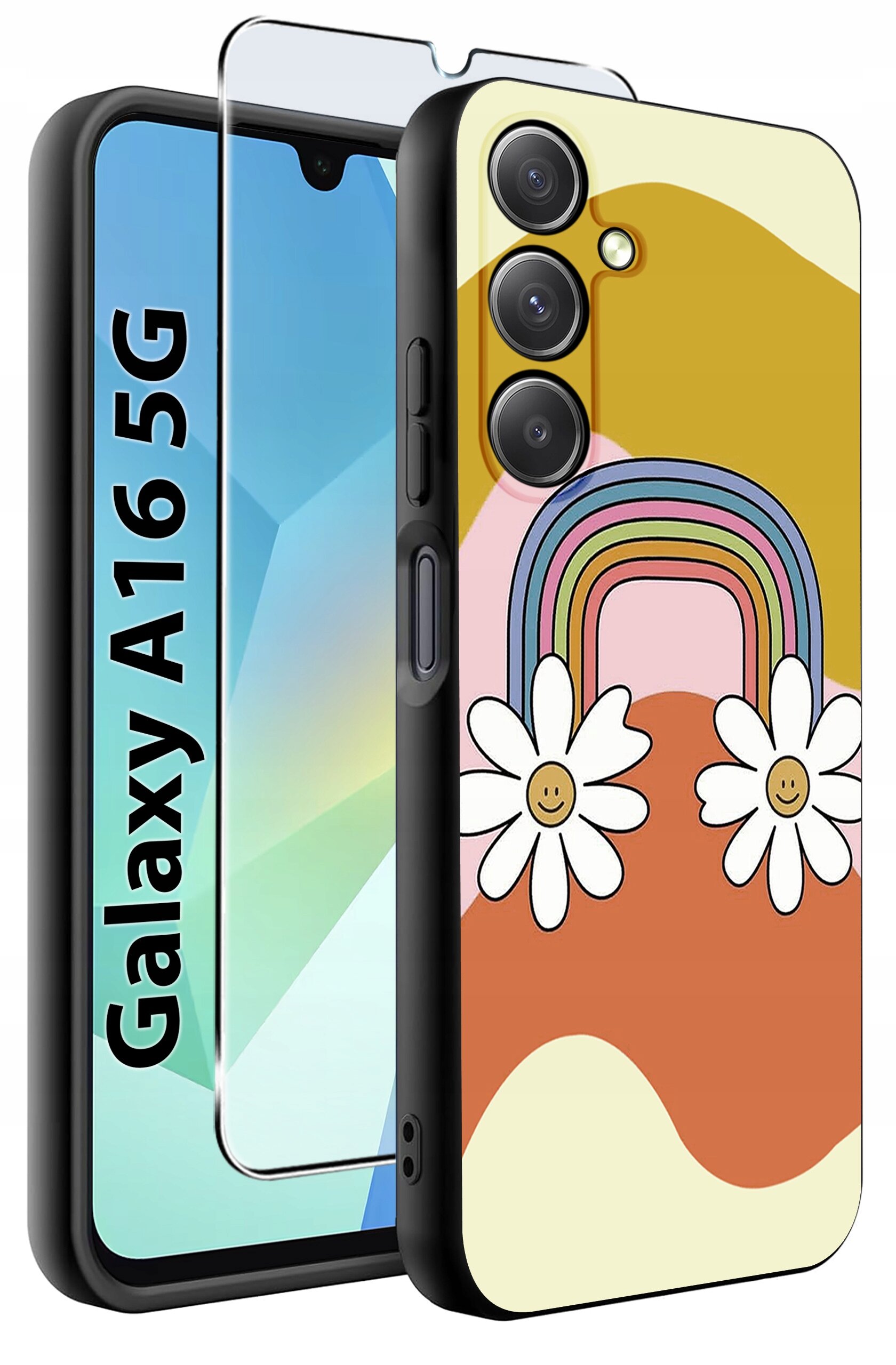 Etui na telefon z kolorowym wzorem tęczy i kwiatów oraz szkło ochronne. Obok widoczny napis \'Galaxy A16 5G\'.