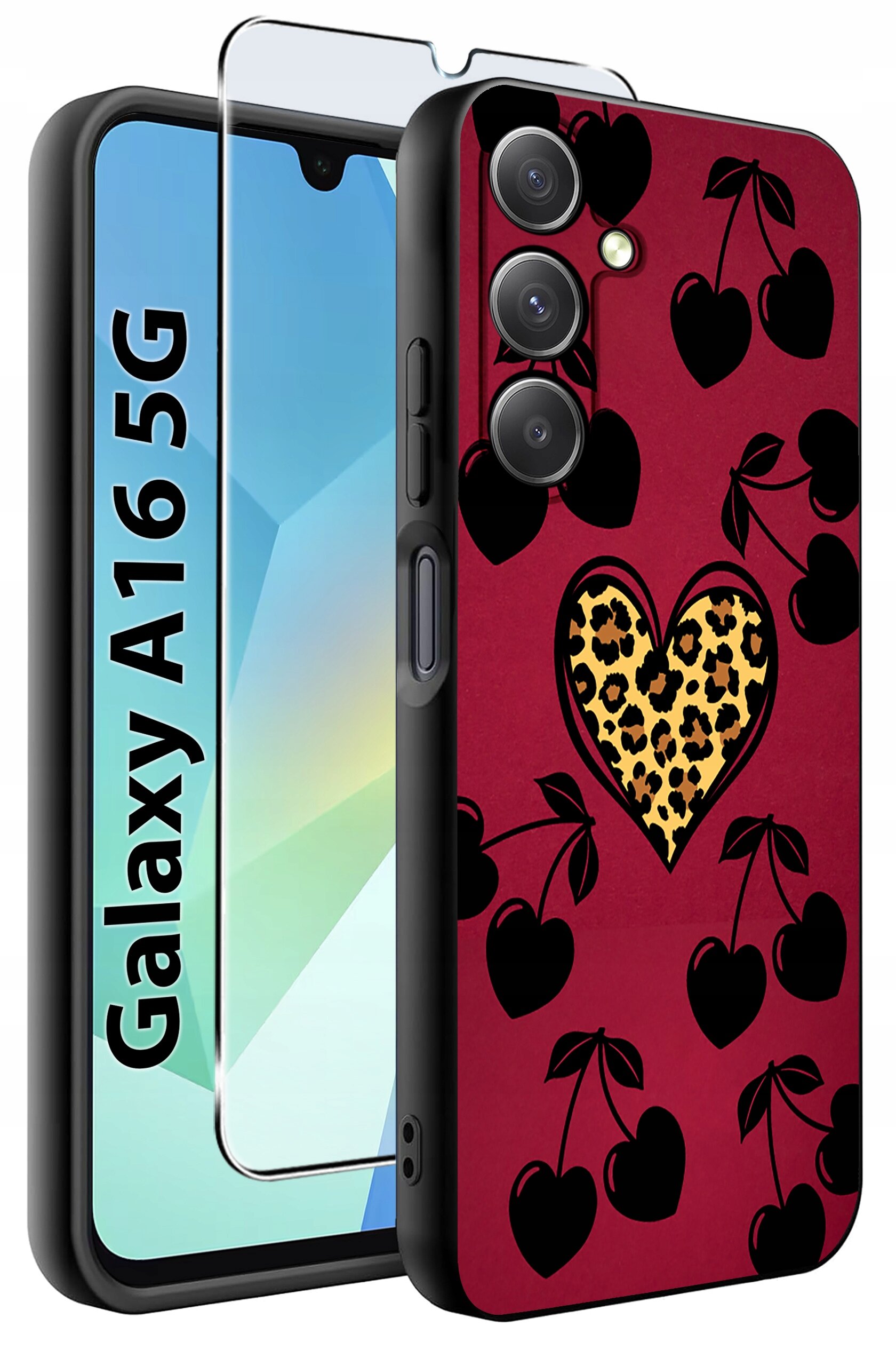 Etui na telefon z motywem serca w panterkę i czarnymi wisienkami na czerwonym tle. Obok etui znajduje się szkło ochronne, a na ekranie telefonu widoczny jest napis \'Galaxy A16 5G\'.