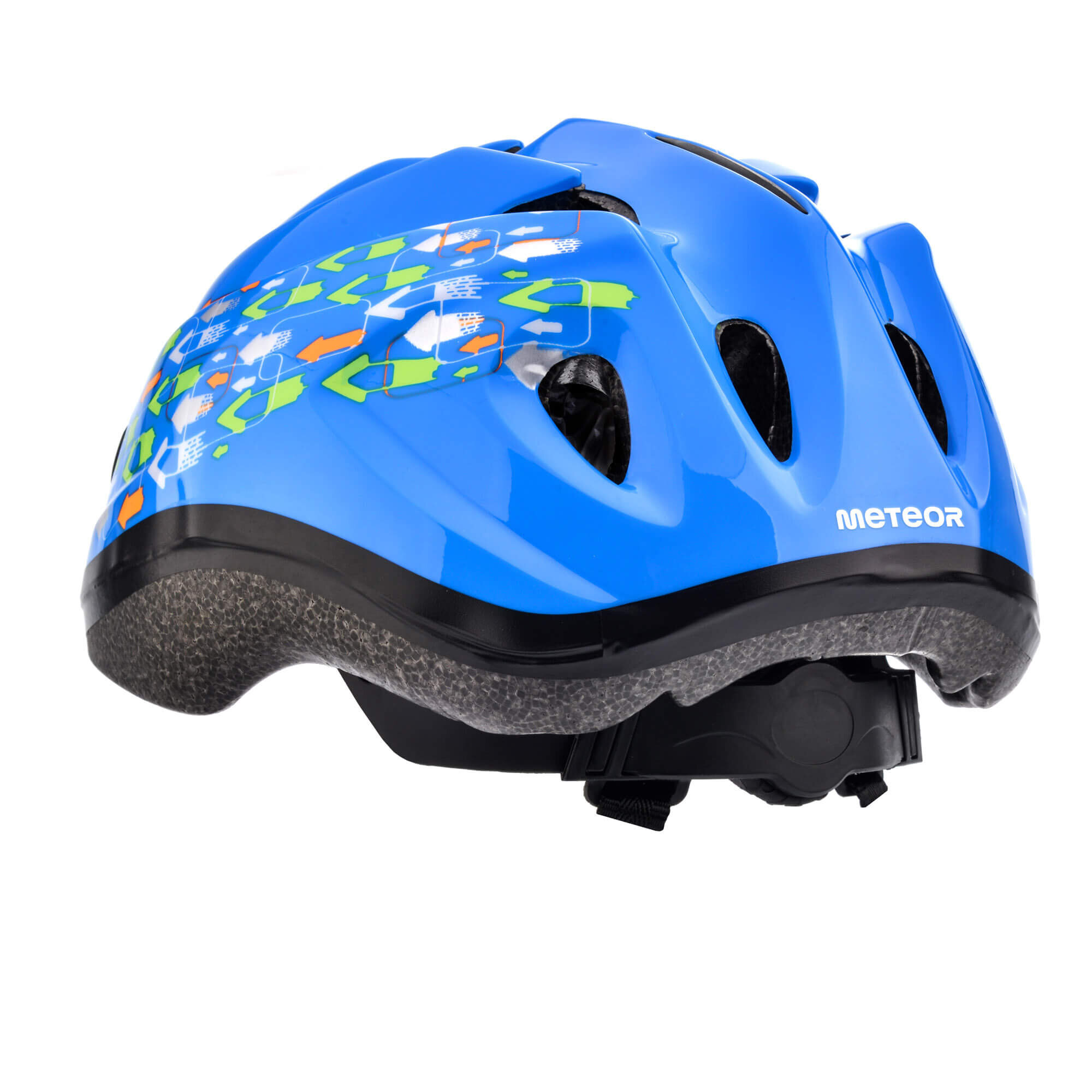 Niebieski kask rowerowy z kolorowymi wzorami i otworami wentylacyjnymi, z widocznym logo \'METEOR\'.