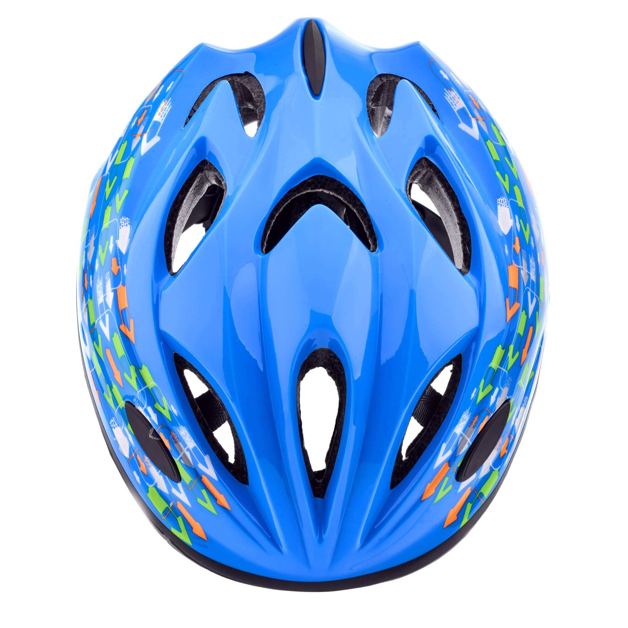 Niebieski kask rowerowy z kolorowymi wzorami i otworami wentylacyjnymi.