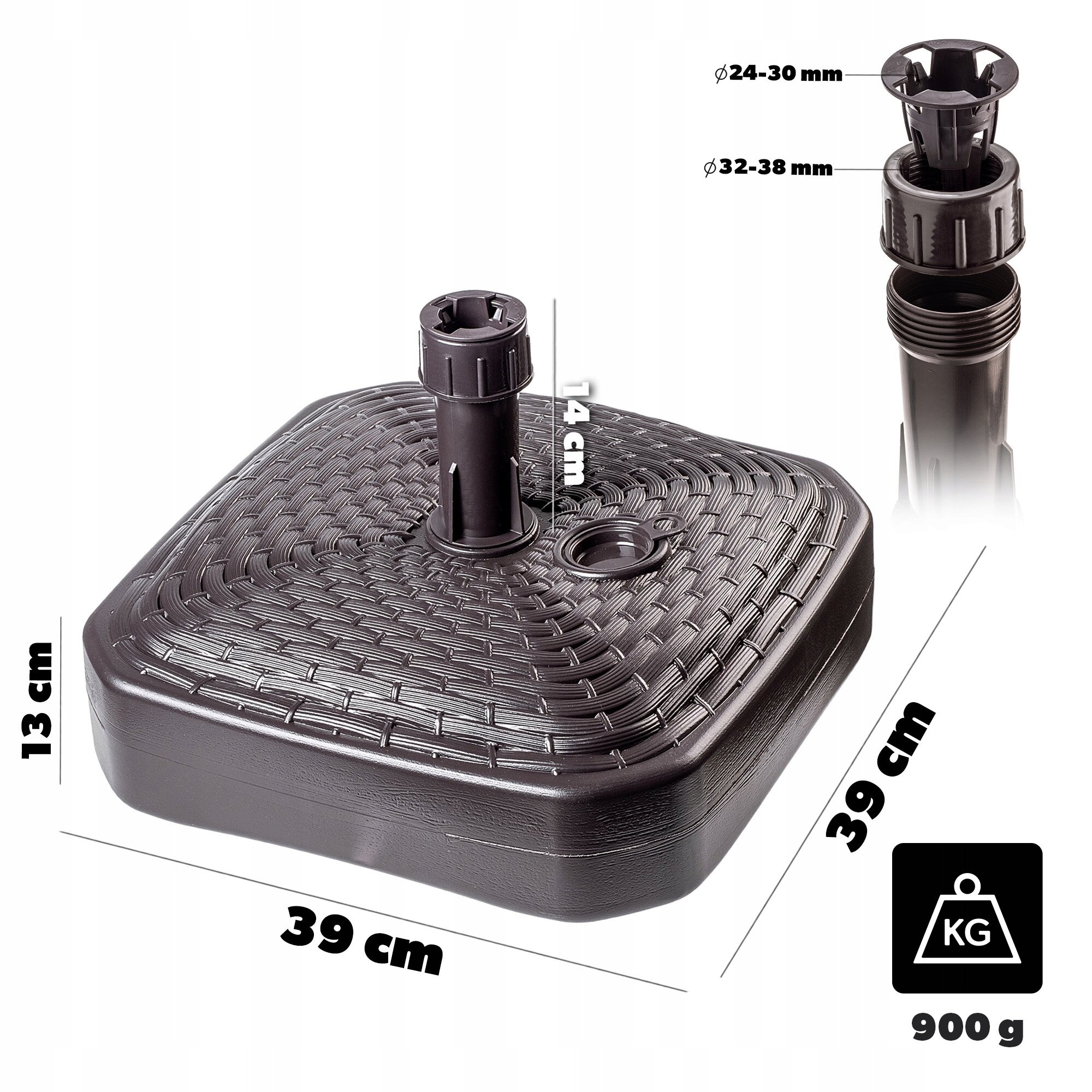 Kwadratowa podstawa parasola o wymiarach 39 cm x 39 cm i wysokości 13 cm, z regulowanym uchwytem o średnicach 24-30 mm i 32-38 mm. Waga podstawy wynosi 900 g, a wysokość uchwytu to 14 cm.