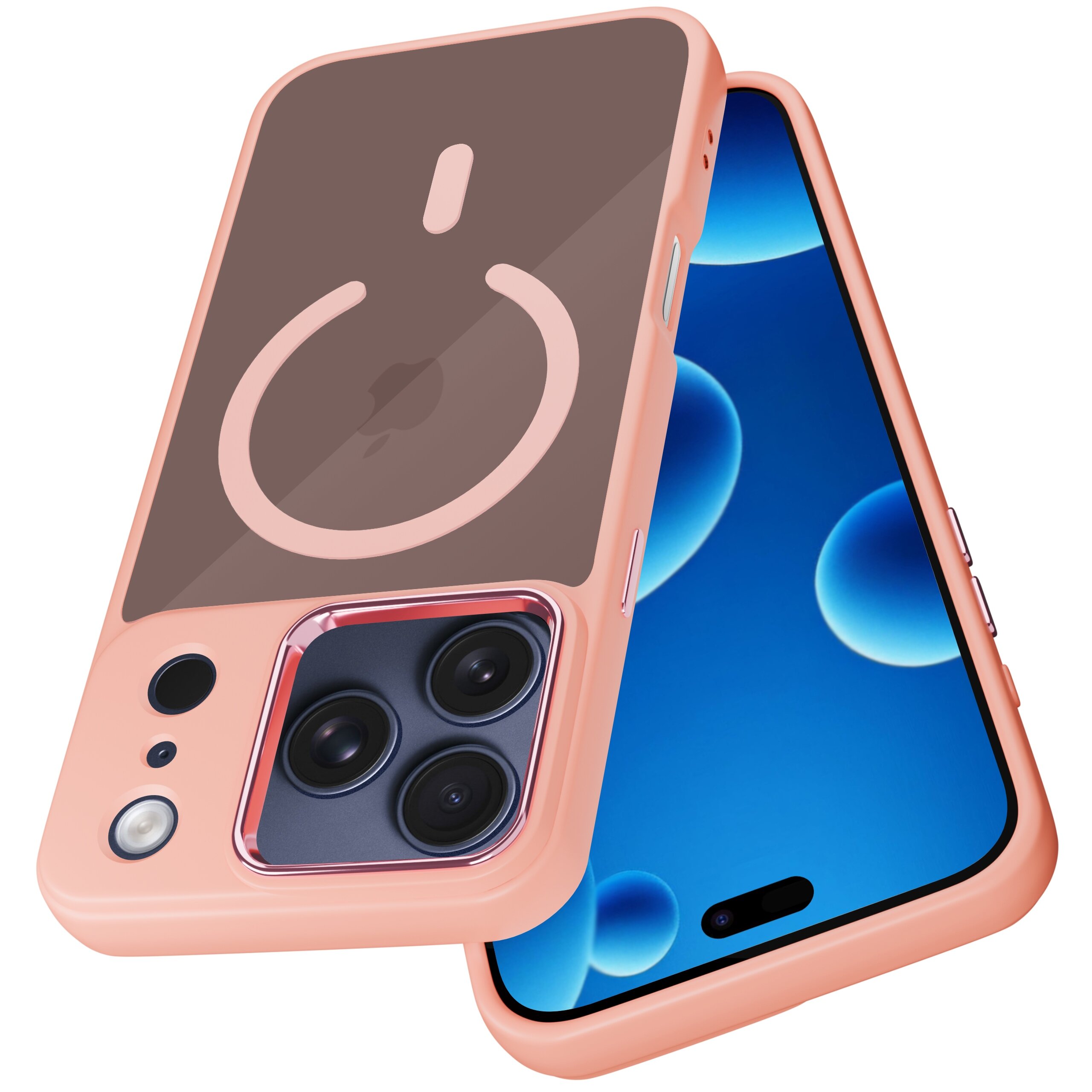 Etui w kolorze różowym z okrągłym wzorem na tylnej części, przeznaczone do telefonu z trzema obiektywami aparatu. Na ekranie telefonu widoczne są niebieskie okręgi na ciemnym tle.