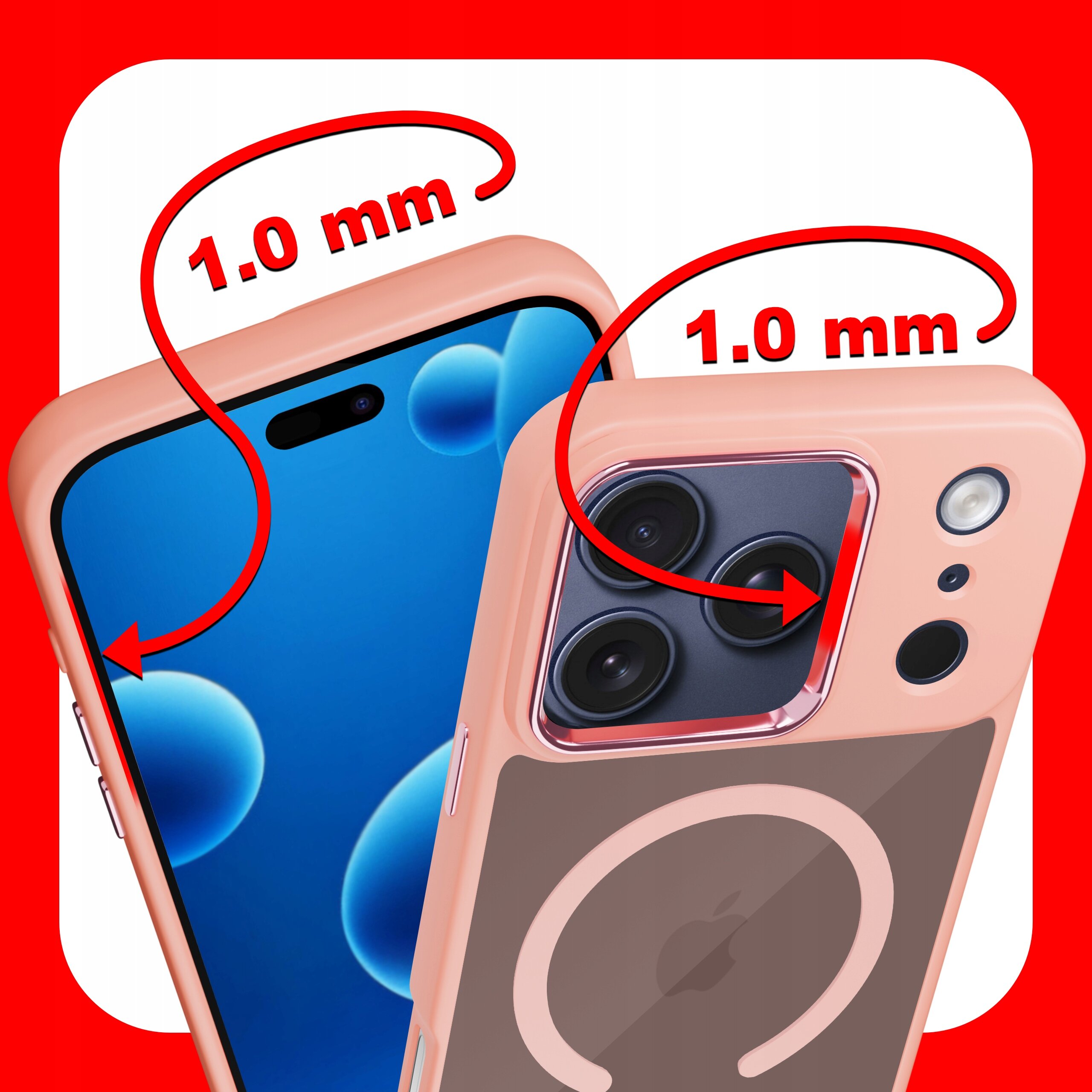 Obraz przedstawia dwa ujęcia telefonu w różowym etui z widocznymi aparatami i ekranem. Na obrazie znajduje się tekst \'1.0 mm\' wskazujący na grubość etui.