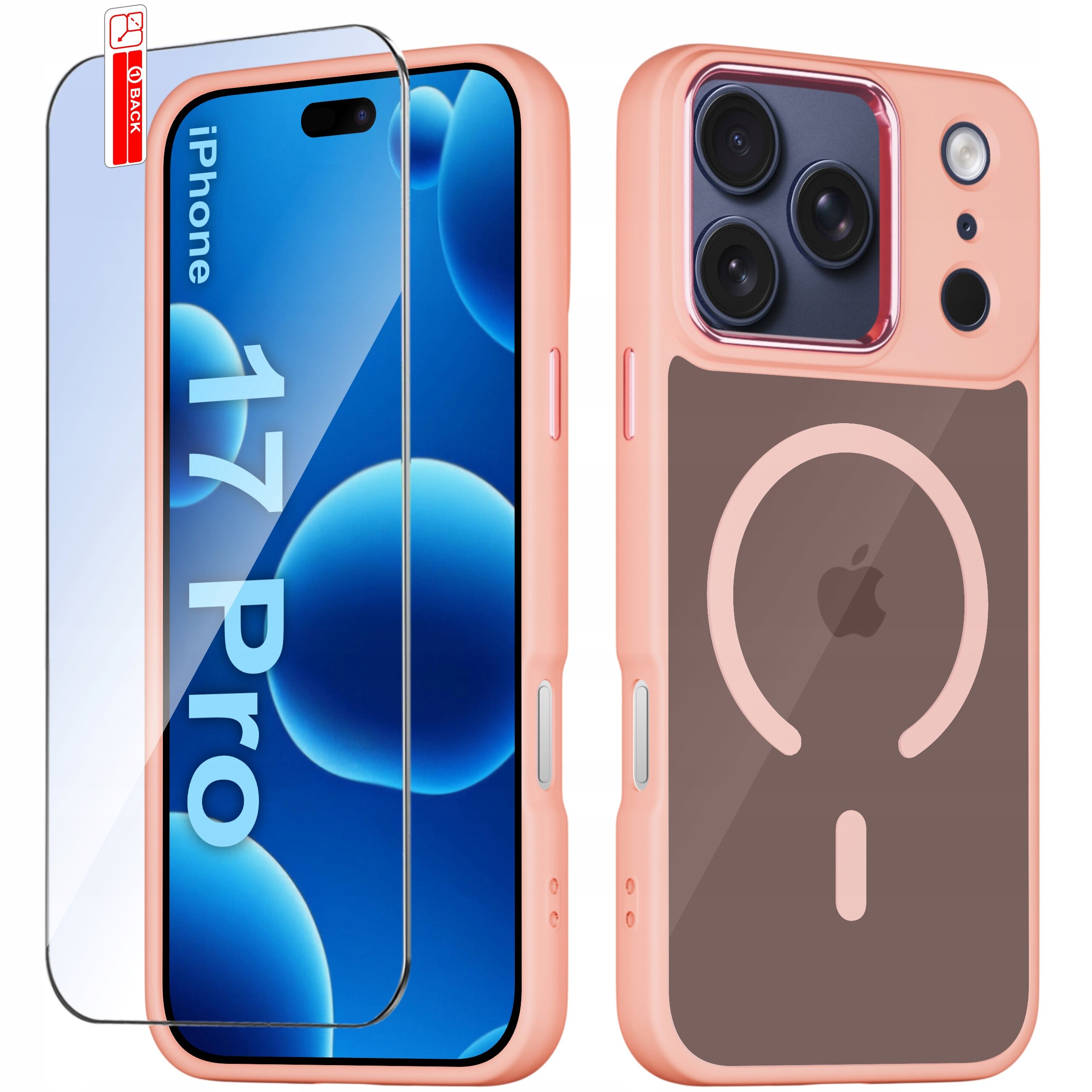 Obraz przedstawia różowe etui na telefon z trzema dużymi otworami na aparaty oraz szkło ochronne. Na ekranie telefonu widoczny jest napis \'iPhone 17 Pro\'.
