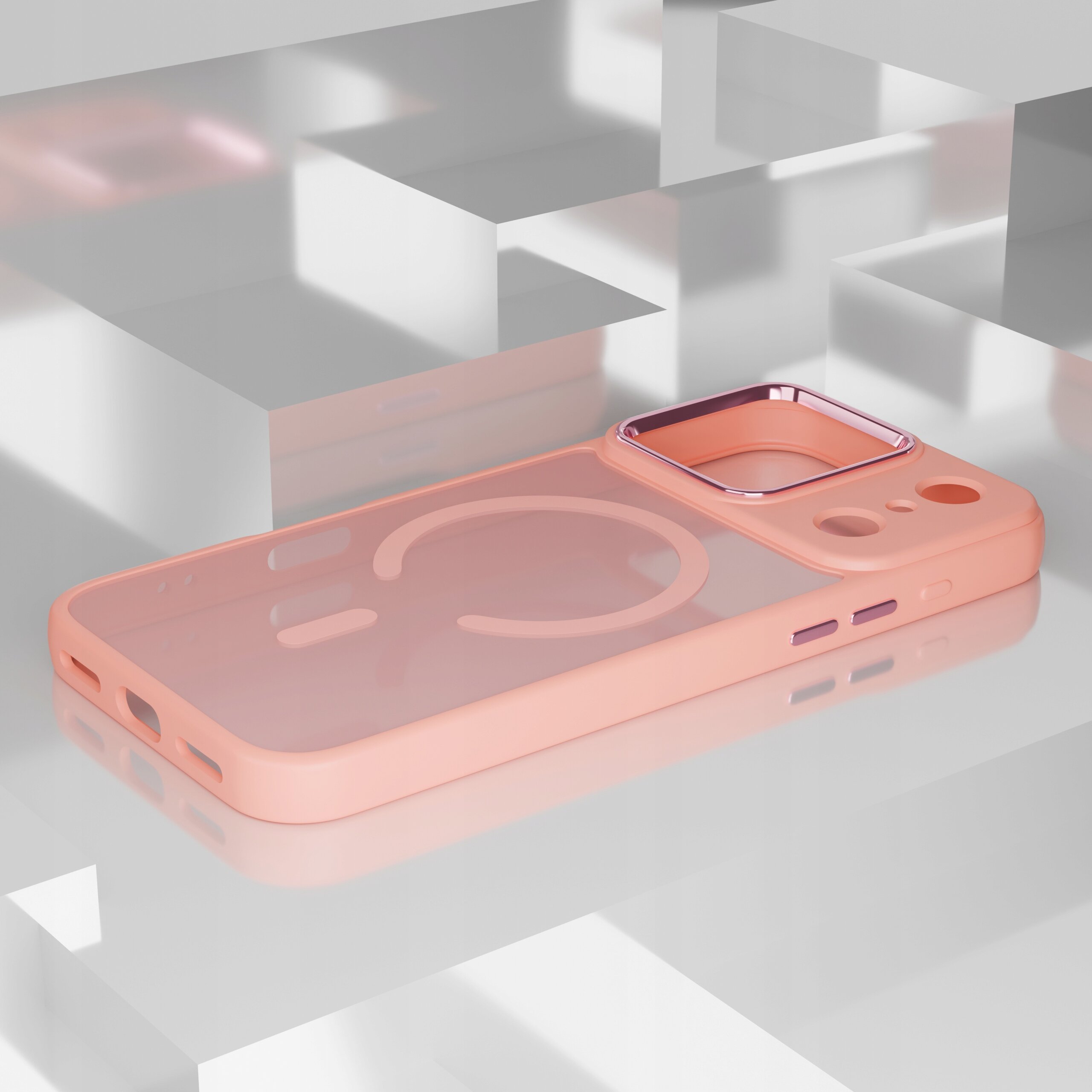 Różowe etui na telefon z wycięciami na aparat i przyciski, posiada okrągły wzór na tylnej części. Etui leży na błyszczącej, geometrycznej powierzchni.