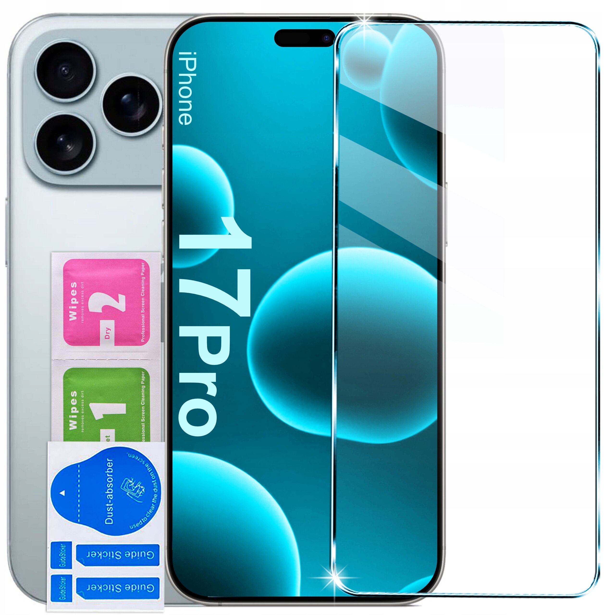 Na obrazie widoczny jest telefon z napisem \'iPhone 17 Pro\' oraz zestaw akcesoriów do czyszczenia ekranu. Obok telefonu znajduje się przezroczyste szkło ochronne.