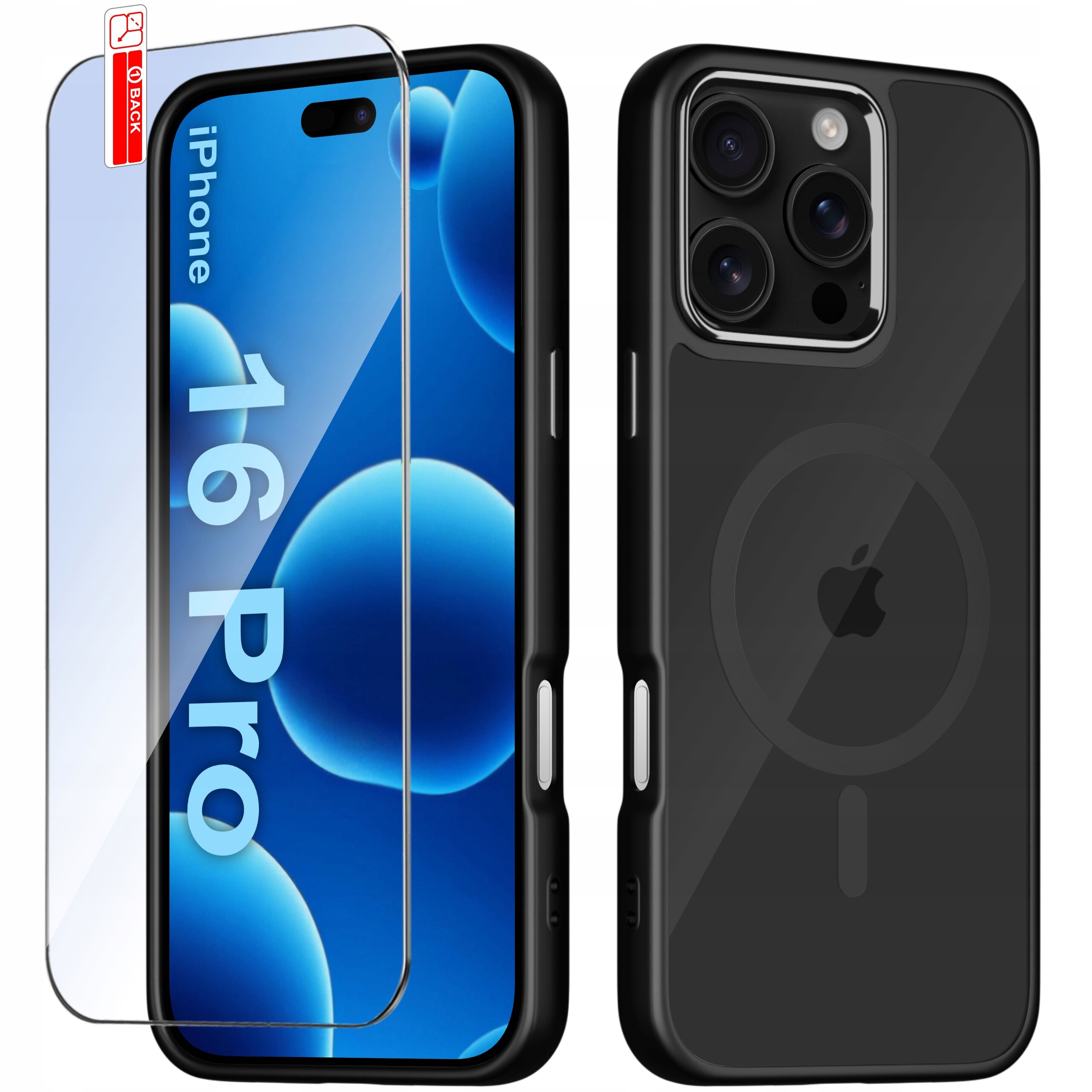 Obraz przedstawia etui na telefon iPhone 16 Pro z matowym wykończeniem i magnetycznym uchwytem, obok którego znajduje się szkło ochronne 9H. Na ekranie telefonu widoczny jest napis \'16 Pro\'.