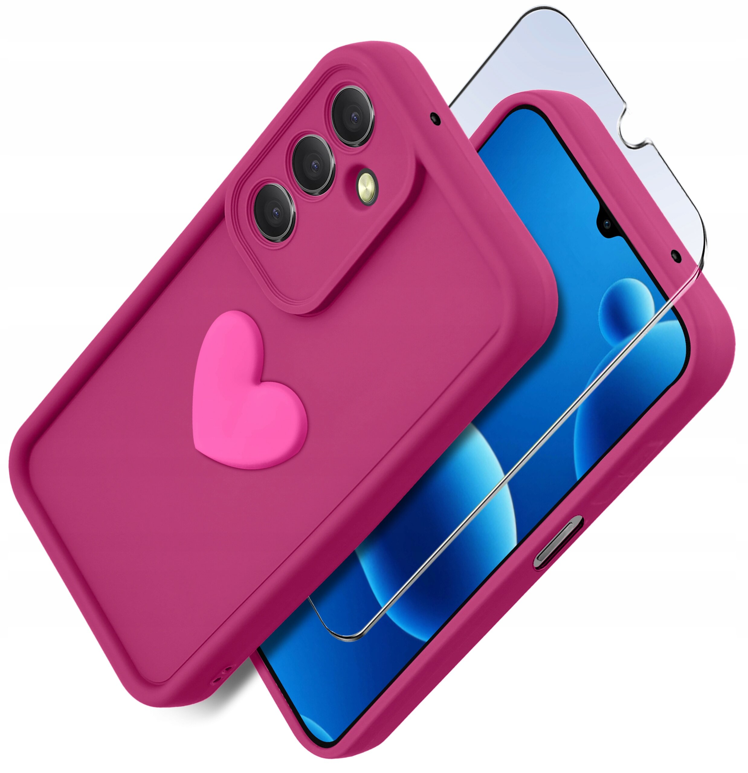 Na obrazie widoczne jest różowe silikonowe etui z motywem serca oraz szkło ochronne na telefon. Etui posiada wycięcia na aparat i przyciski.