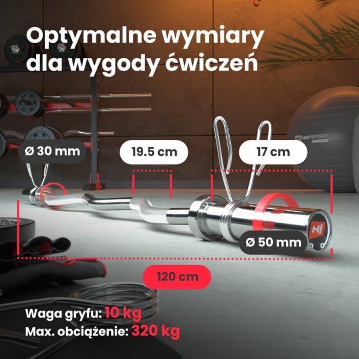 Na obrazie znajduje się sztanga z oznaczeniami wymiarów: długość 120 cm, średnica 30 mm i 50 mm, oraz odległości 19.5 cm i 17 cm. Tekst na obrazie: \'Optymalne wymiary dla wygody ćwiczeń\', \'Waga gryfu: 10 kg\', \'Max. obciążenie: 320 kg\'.
